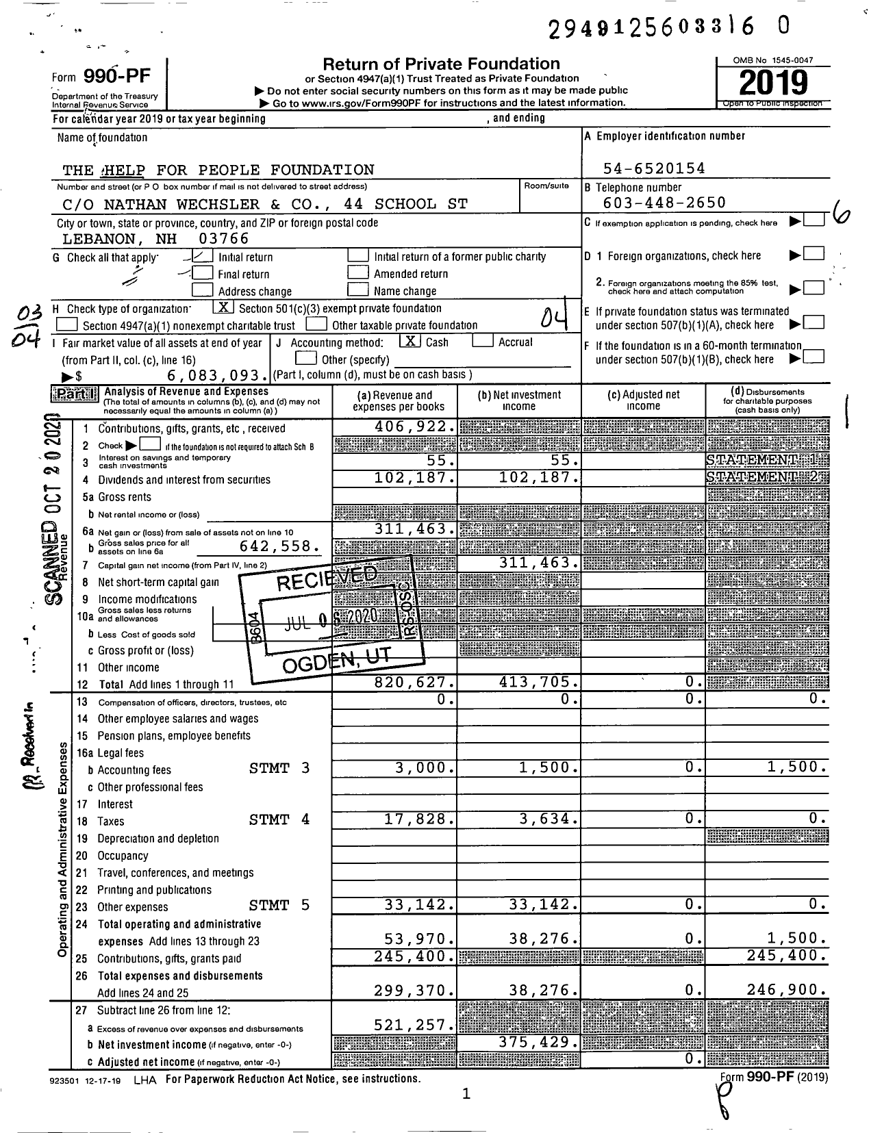 Image of first page of 2019 Form 990PR for The Help for People Foundation