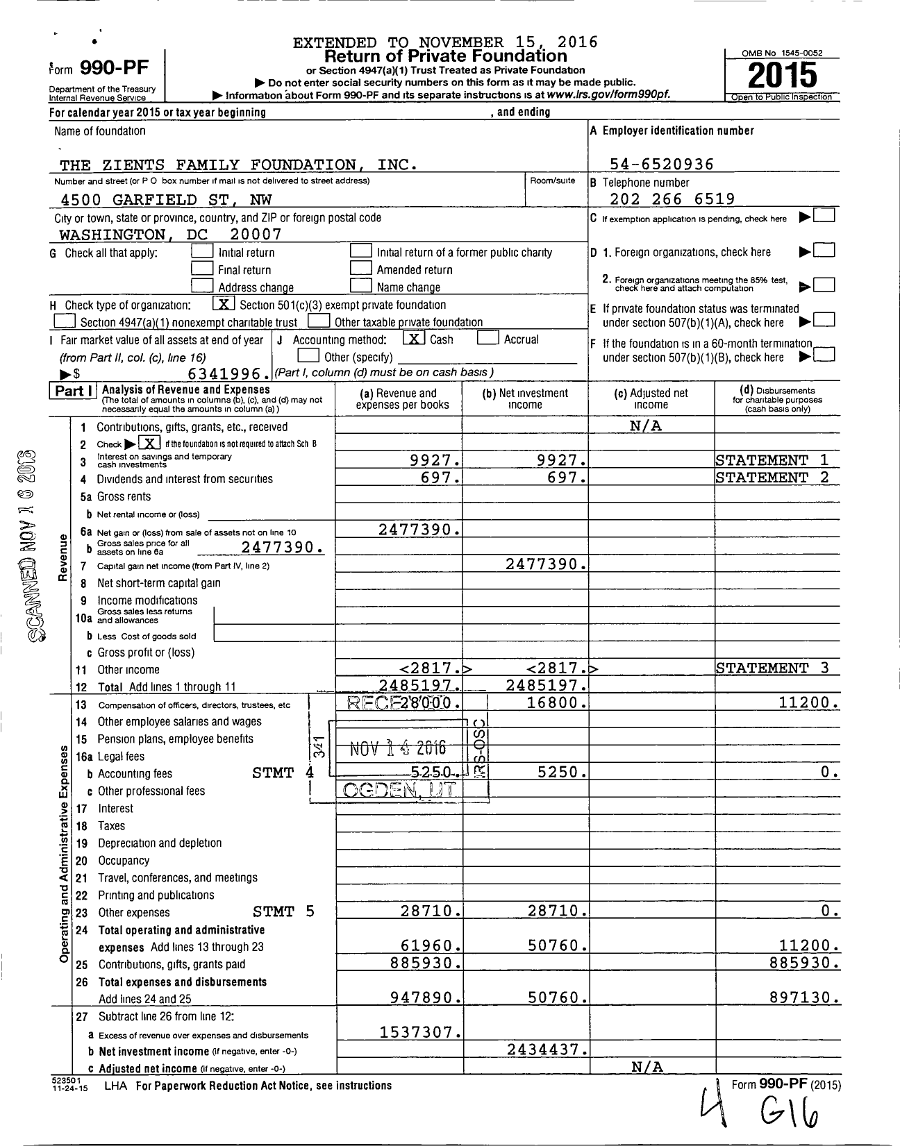 Image of first page of 2015 Form 990PF for The Zients Family Foundation