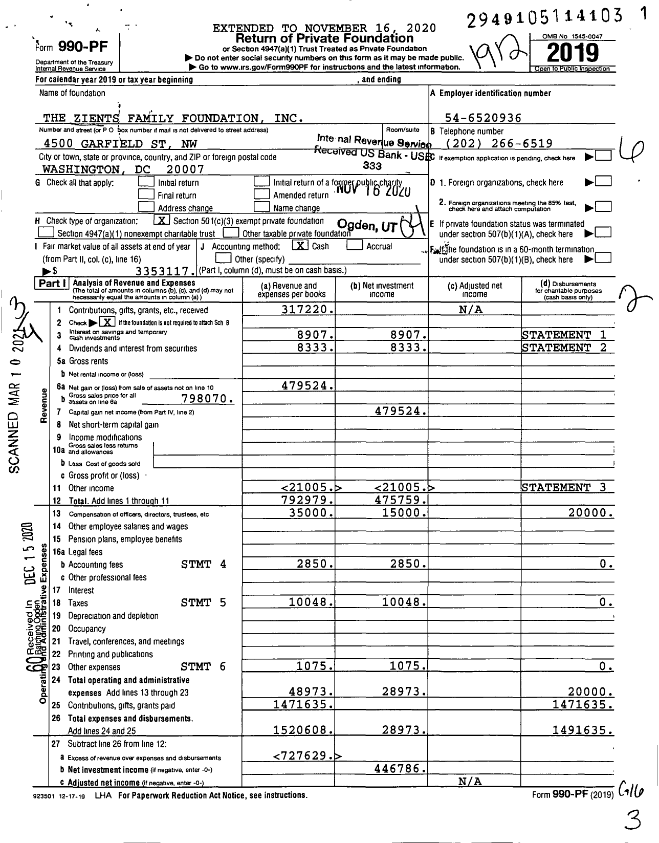 Image of first page of 2019 Form 990PF for The Zients Family Foundation