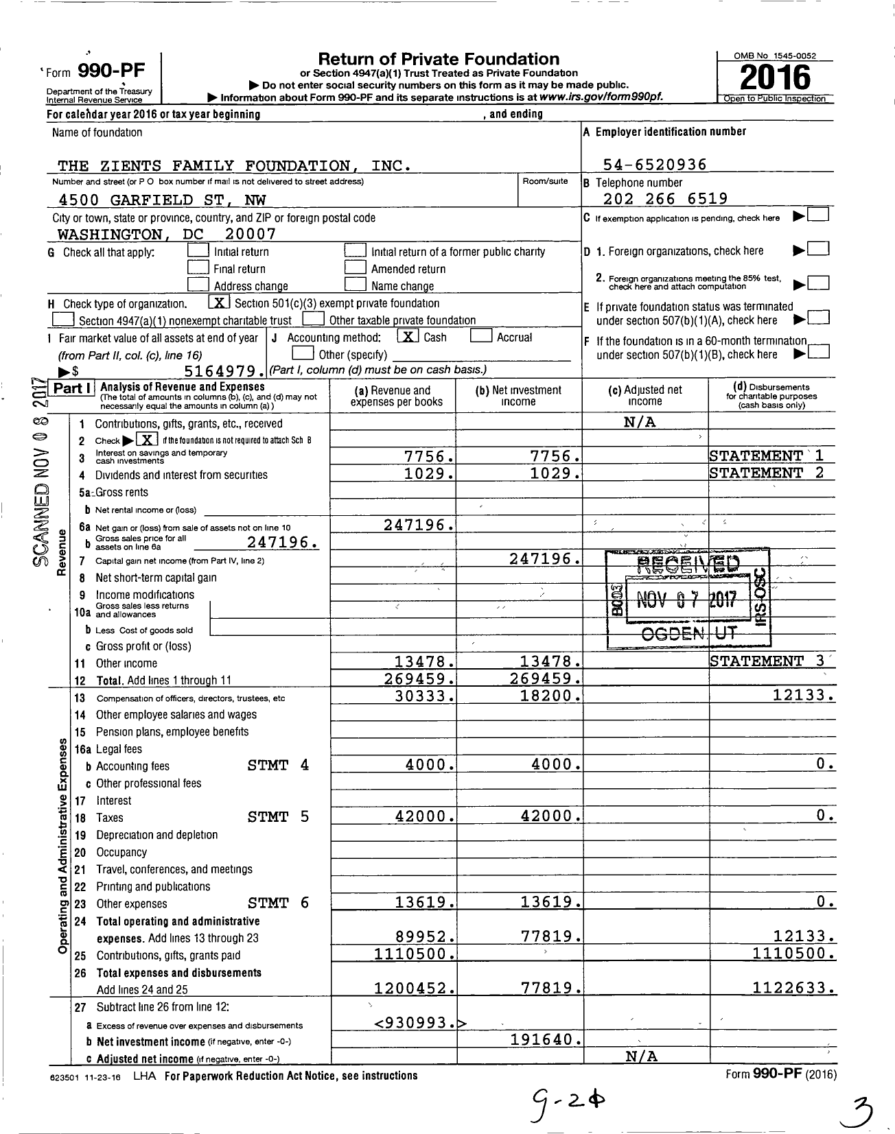 Image of first page of 2016 Form 990PF for The Zients Family Foundation