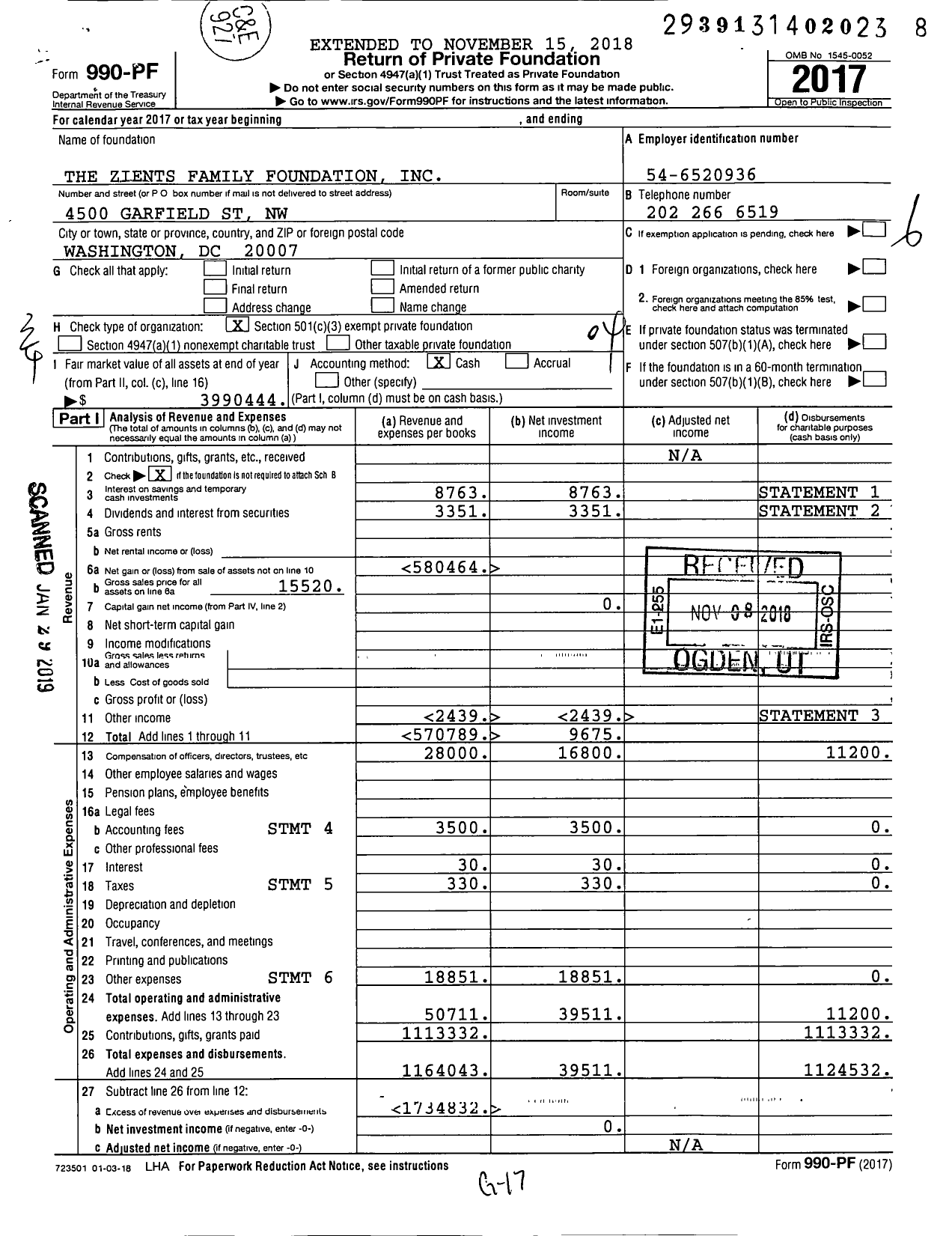 Image of first page of 2017 Form 990PF for The Zients Family Foundation