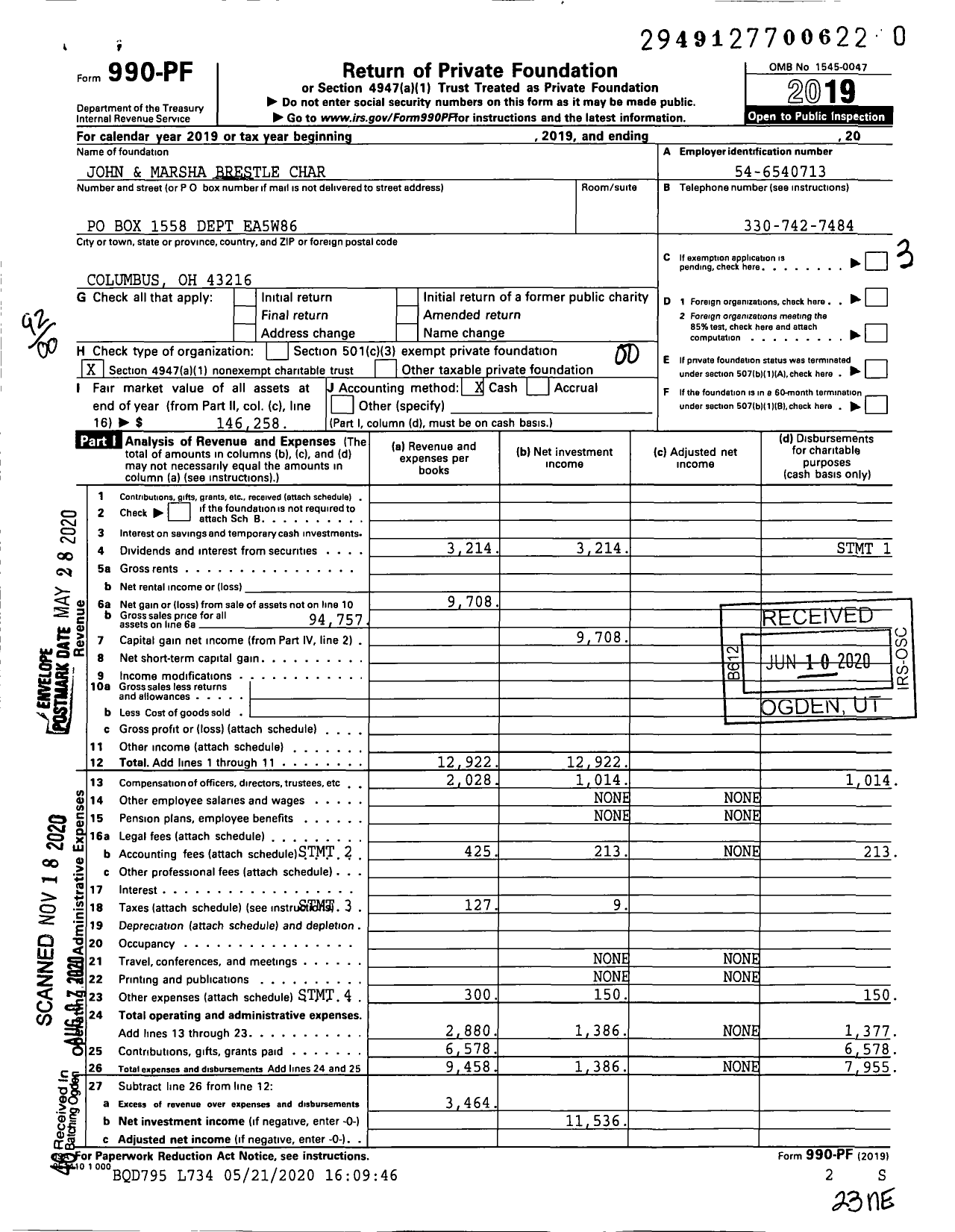 Image of first page of 2019 Form 990PF for John and Marsha Brestle Char