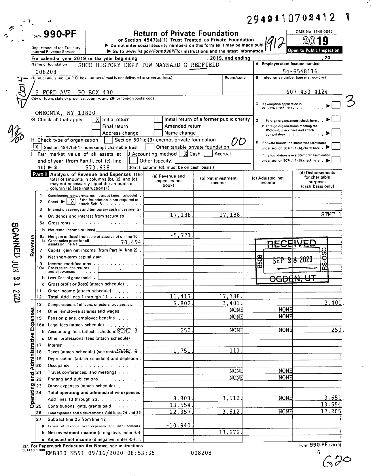 Image of first page of 2019 Form 990PF for Suco History Dept Tuw Maynard G Redfield