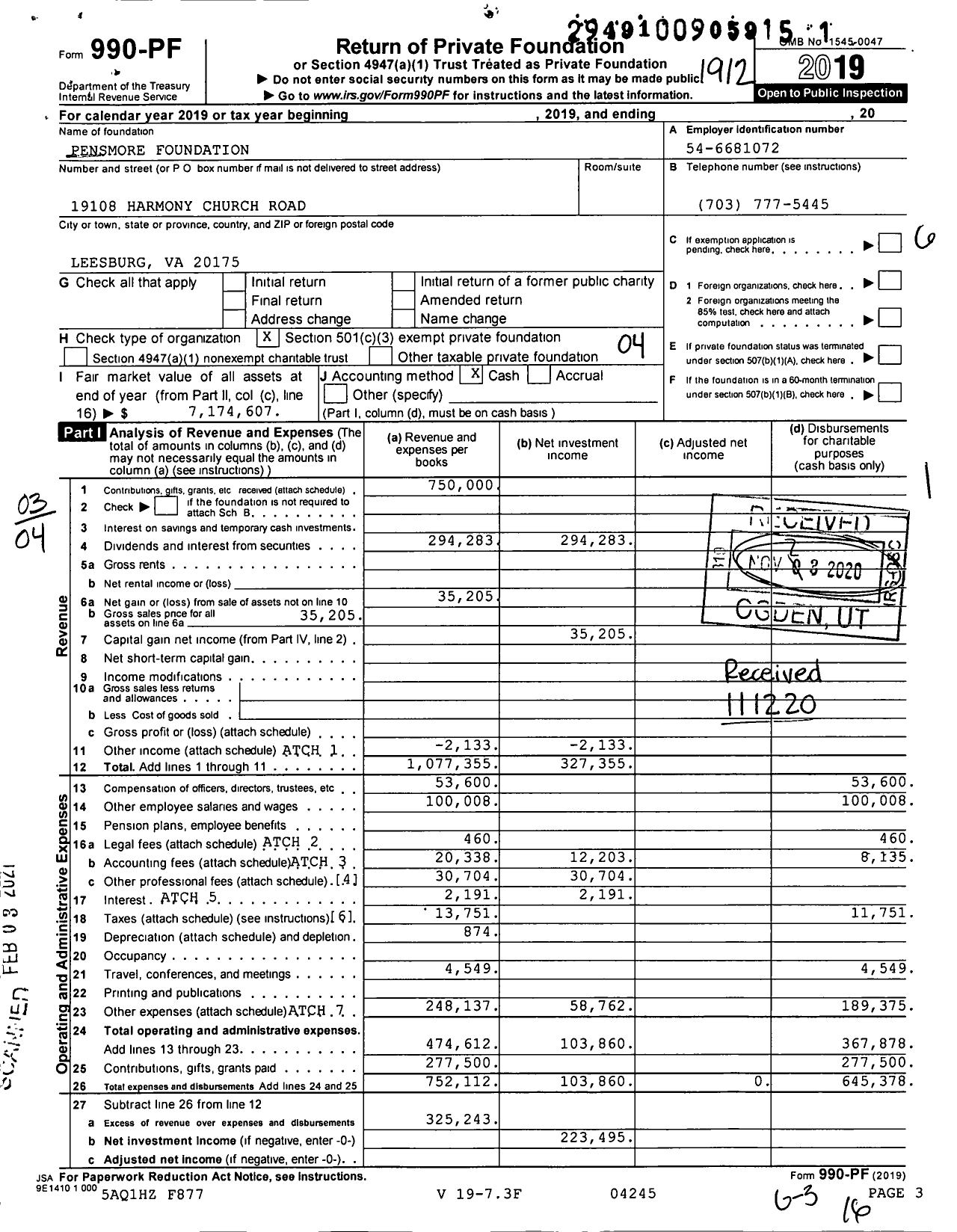 Image of first page of 2019 Form 990PF for Pensmore Foundation