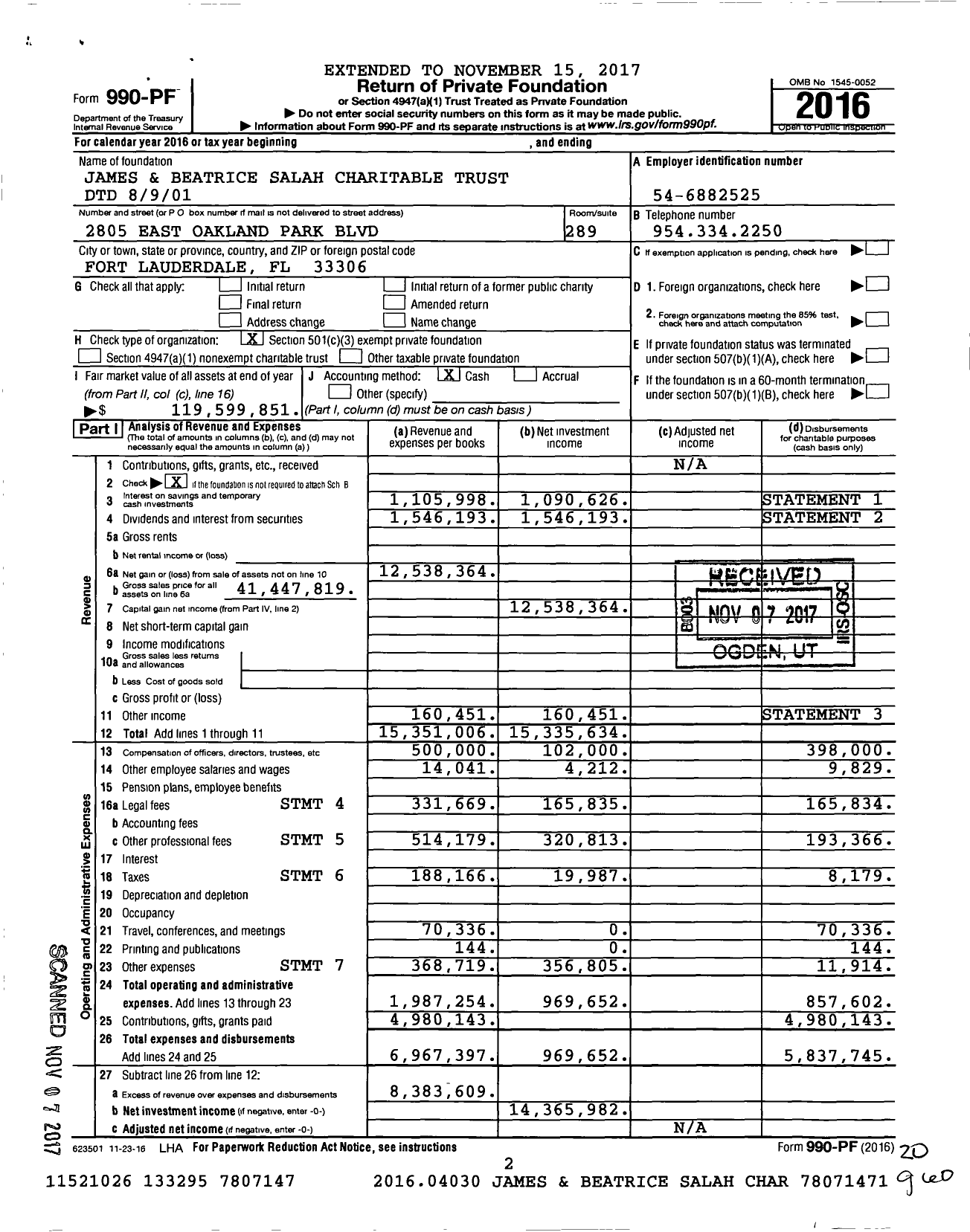Image of first page of 2016 Form 990PF for James and Beatrice Salah Charitable Trust DTD 08-09-2001