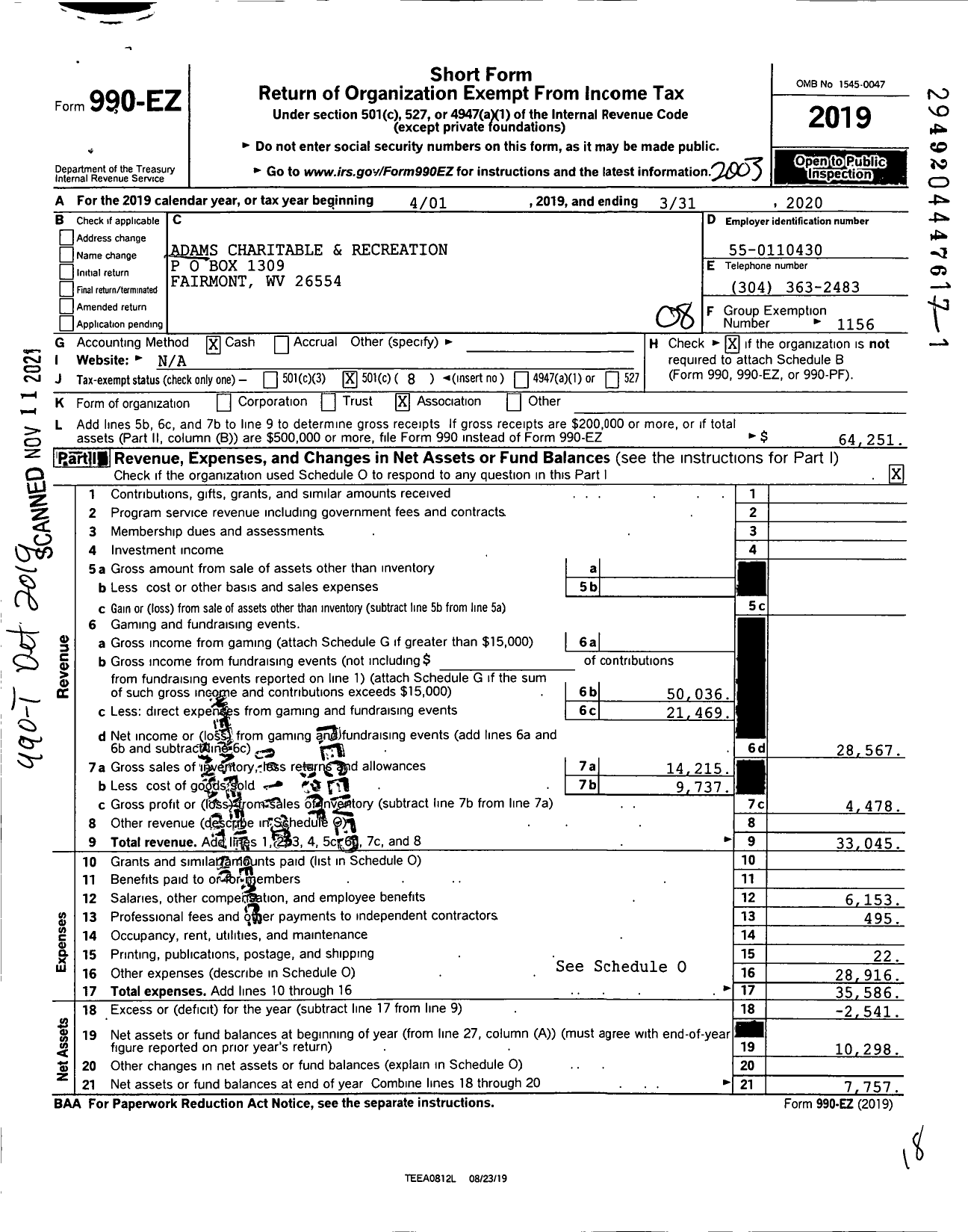 Image of first page of 2019 Form 990EO for Adams Charitable and Recreation