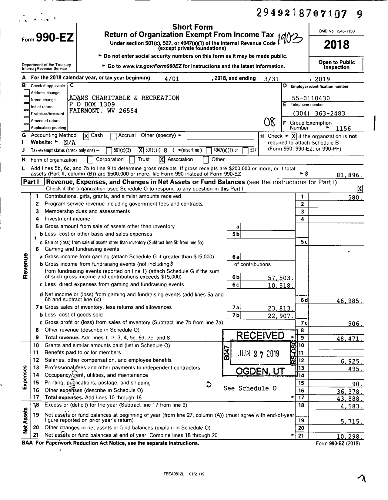 Image of first page of 2018 Form 990EO for Adams Charitable and Recreation