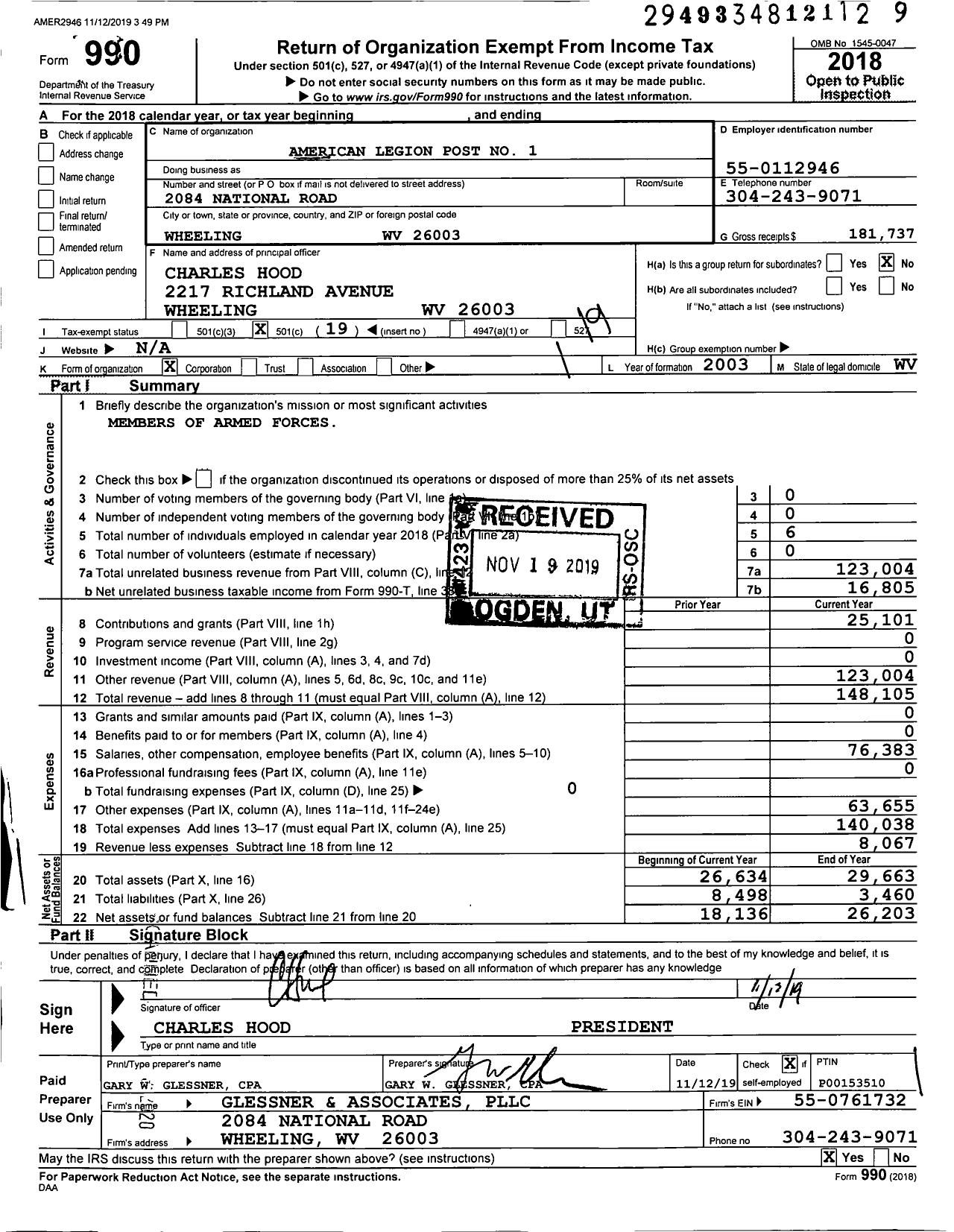 Image of first page of 2018 Form 990O for American Legion - 1 Wheeling