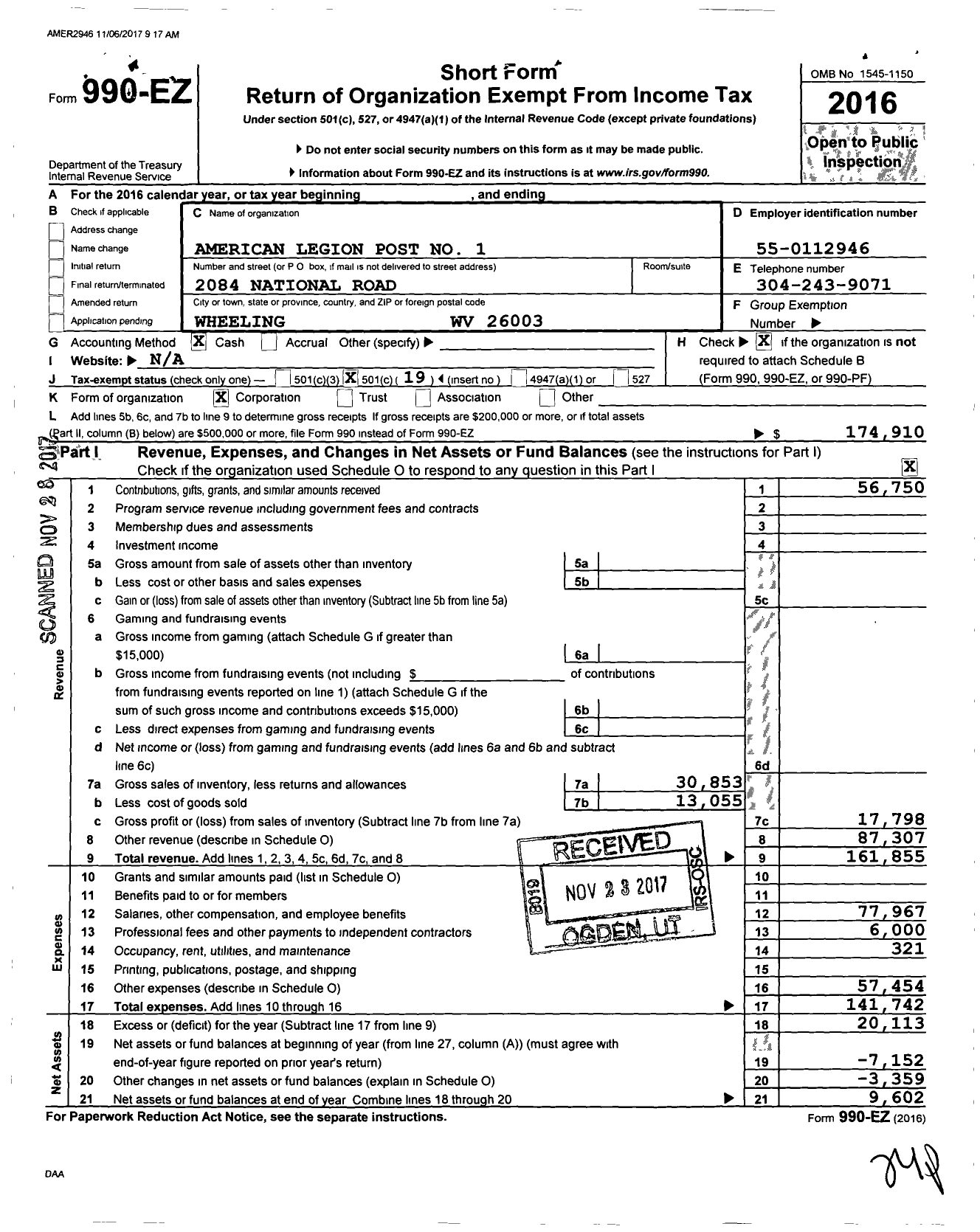 Image of first page of 2016 Form 990EO for American Legion Post No 1