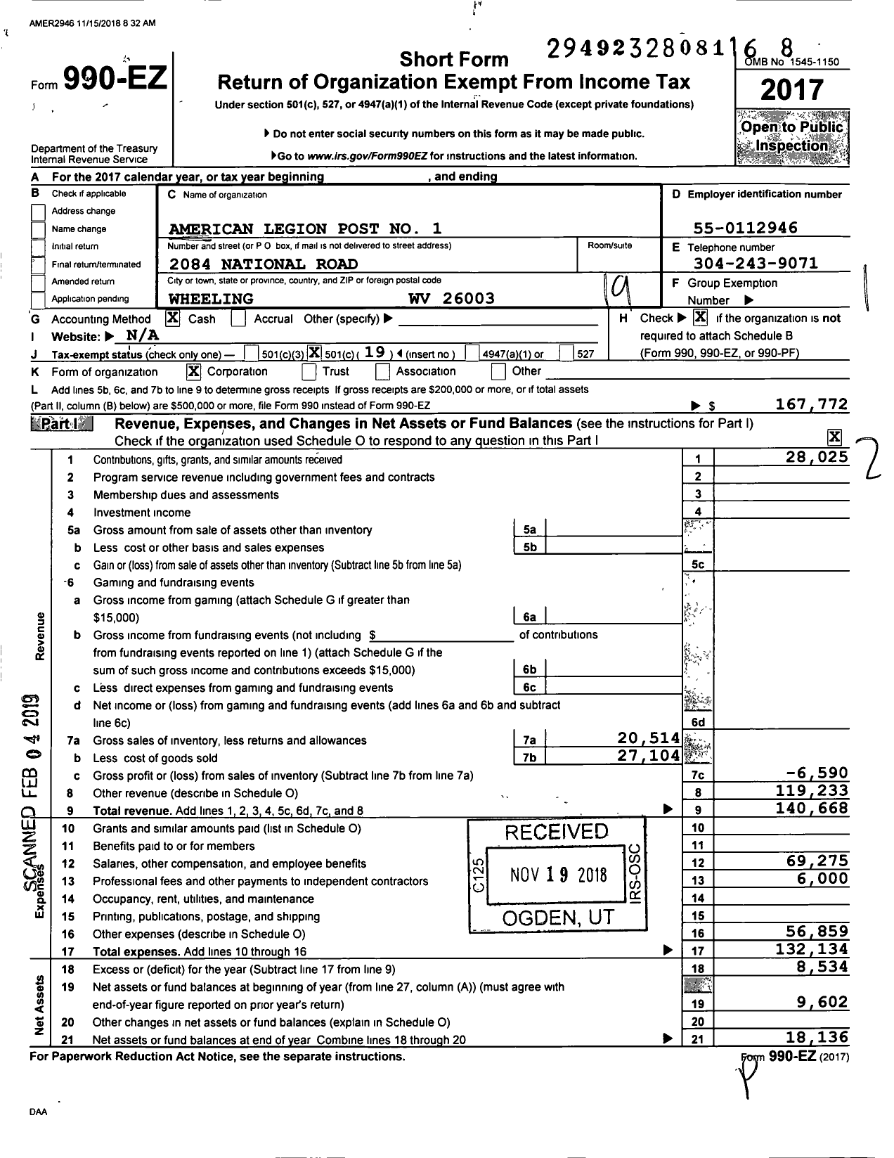 Image of first page of 2017 Form 990EO for American Legion - 1 Wheeling