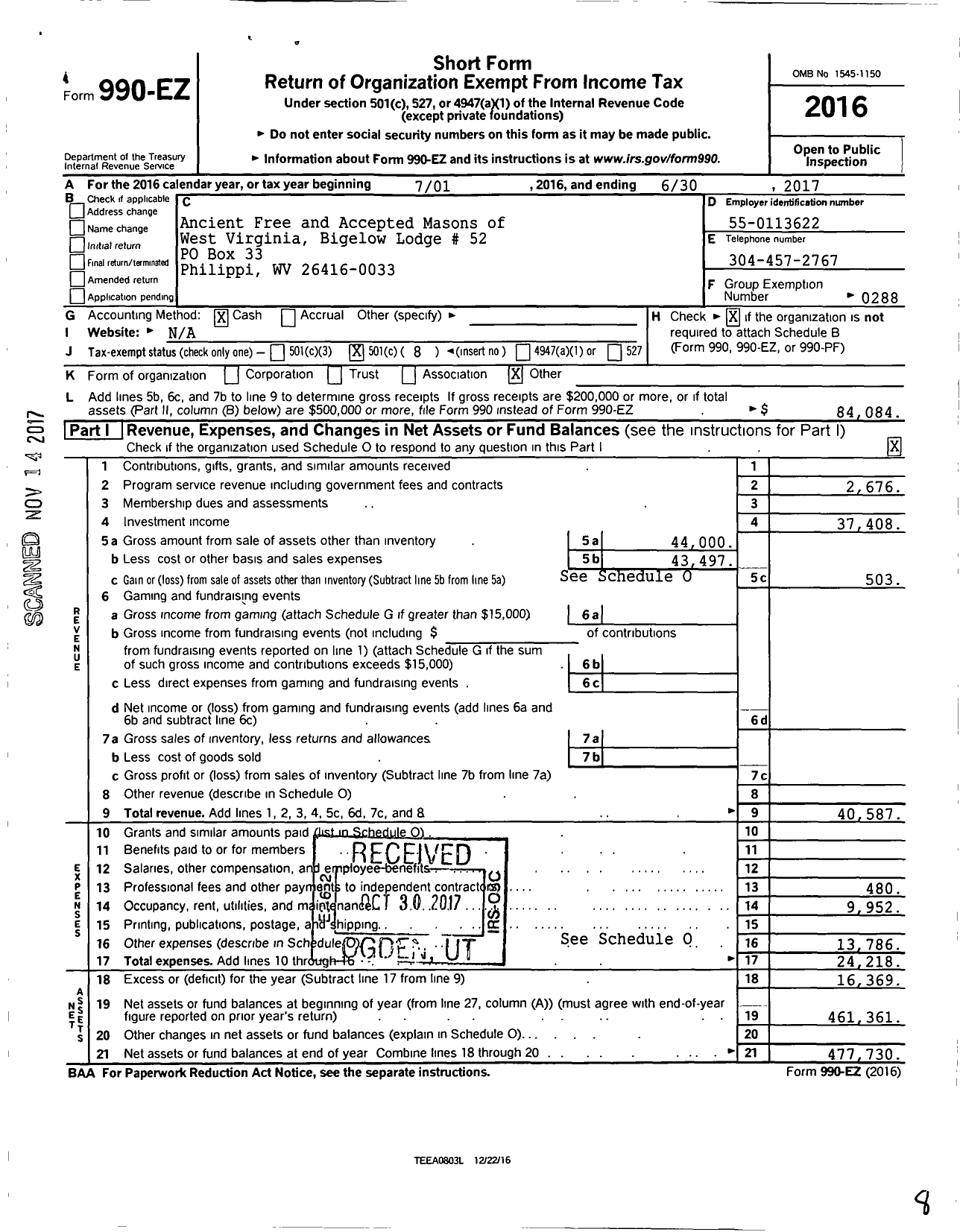 Image of first page of 2016 Form 990EO for Ancient Free and Accepted Masons of West Virginia - 52 Bigelow