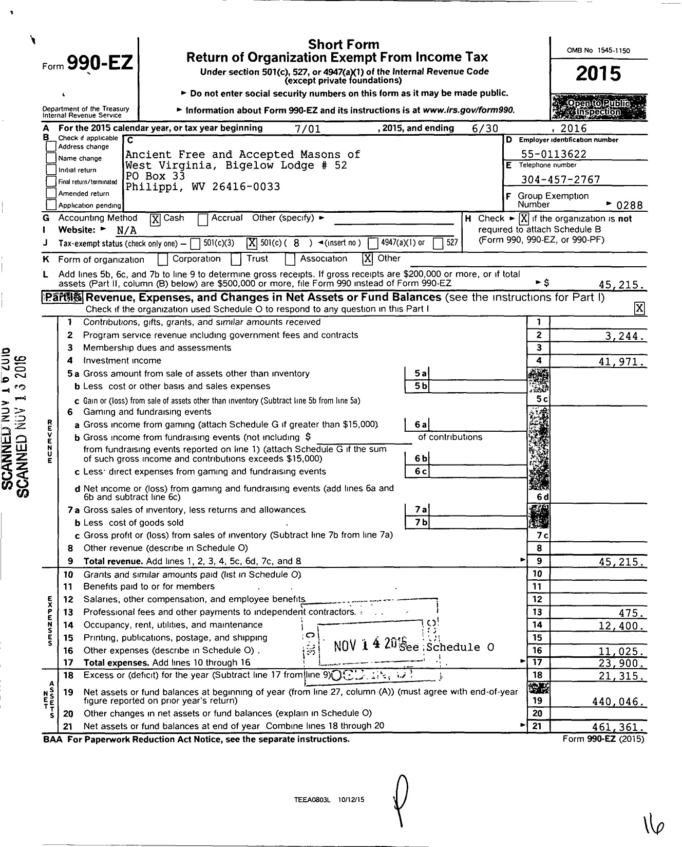 Image of first page of 2015 Form 990EO for Ancient Free and Accepted Masons of West Virginia - 52 Bigelow