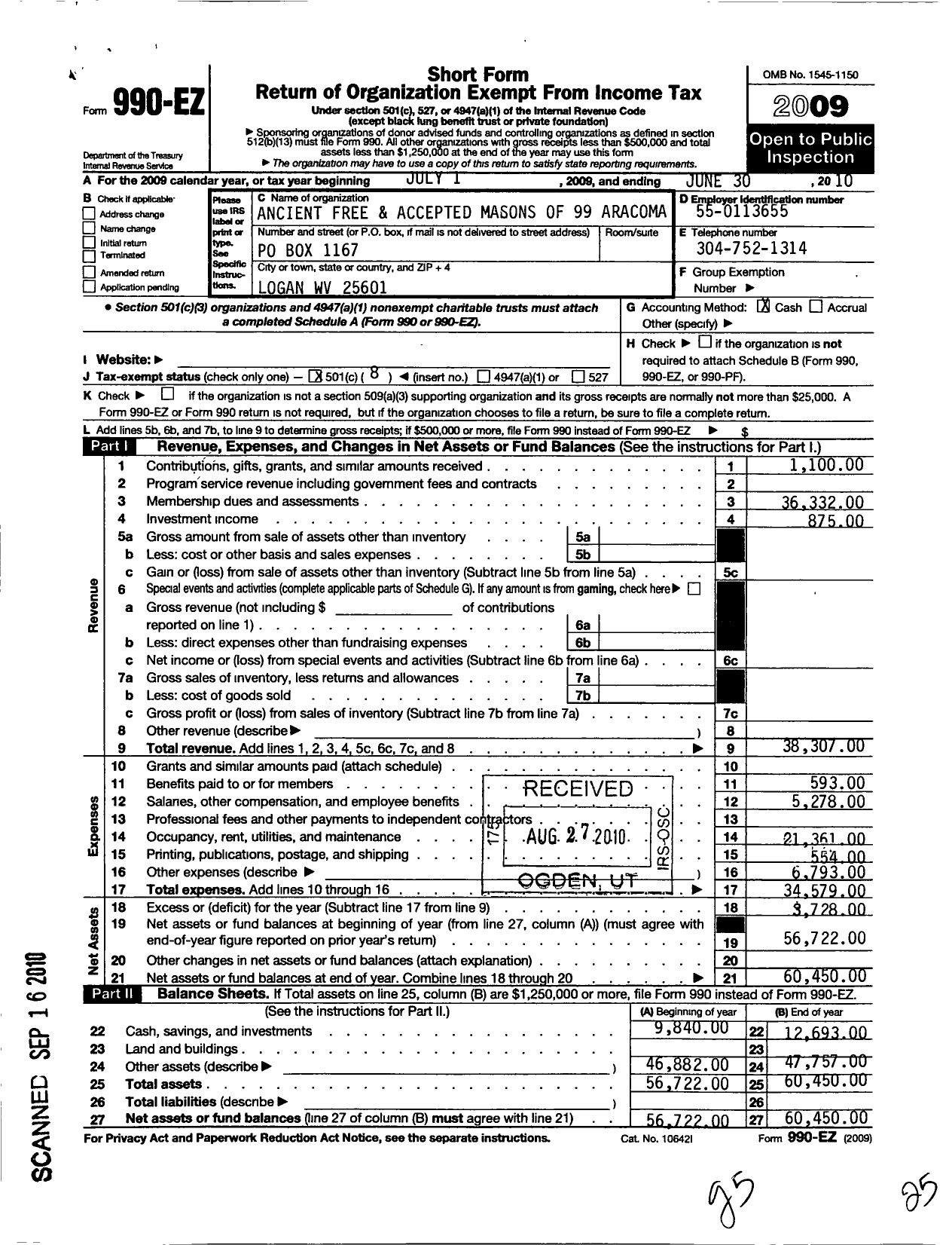 Image of first page of 2009 Form 990EO for Ancient Free and Accepted Masons of West Virginia - 99 Aracoma