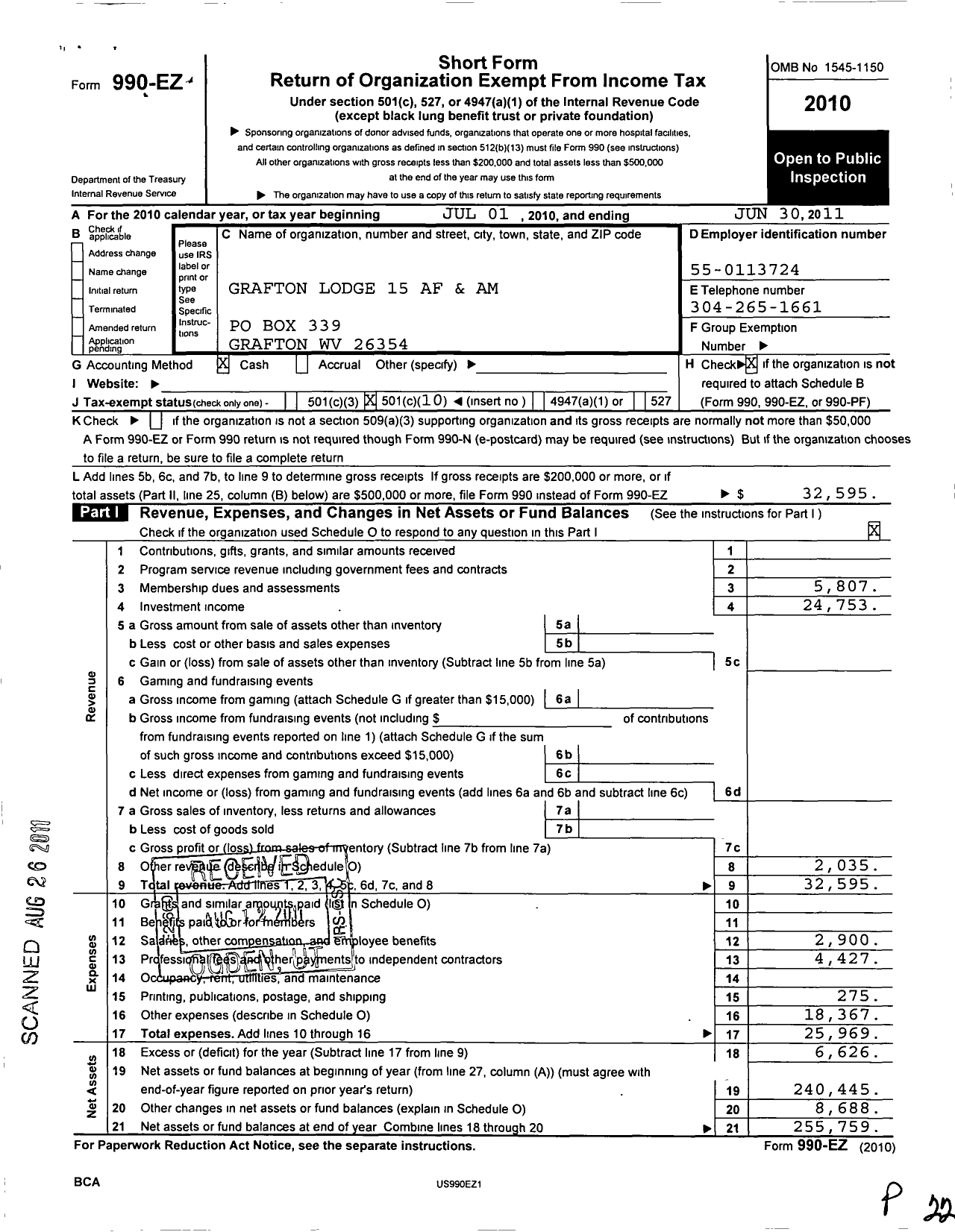 Image of first page of 2010 Form 990EO for Ancient Free and Accepted Masons of West Virginia - 15 Grafton