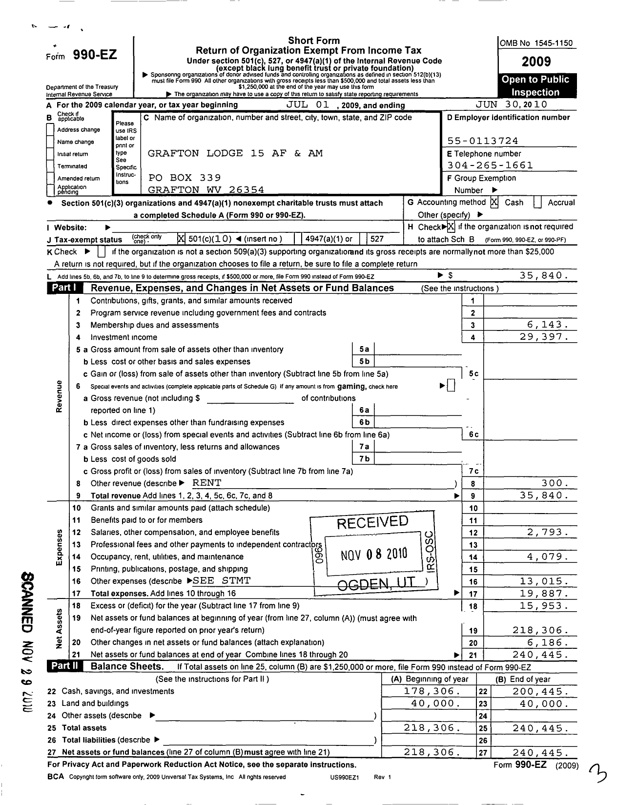 Image of first page of 2009 Form 990EO for Ancient Free and Accepted Masons of West Virginia - 15 Grafton