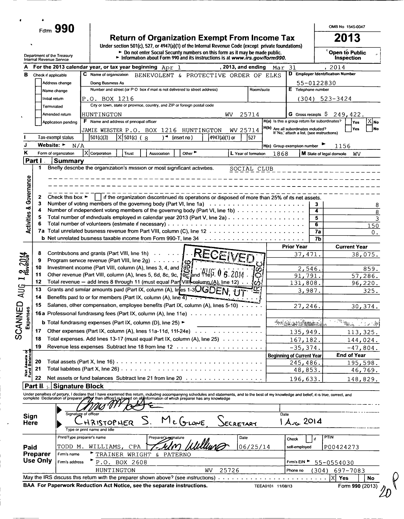 Image of first page of 2013 Form 990O for Benevolent and Protective Order of the Elks of the USA Huntington 313