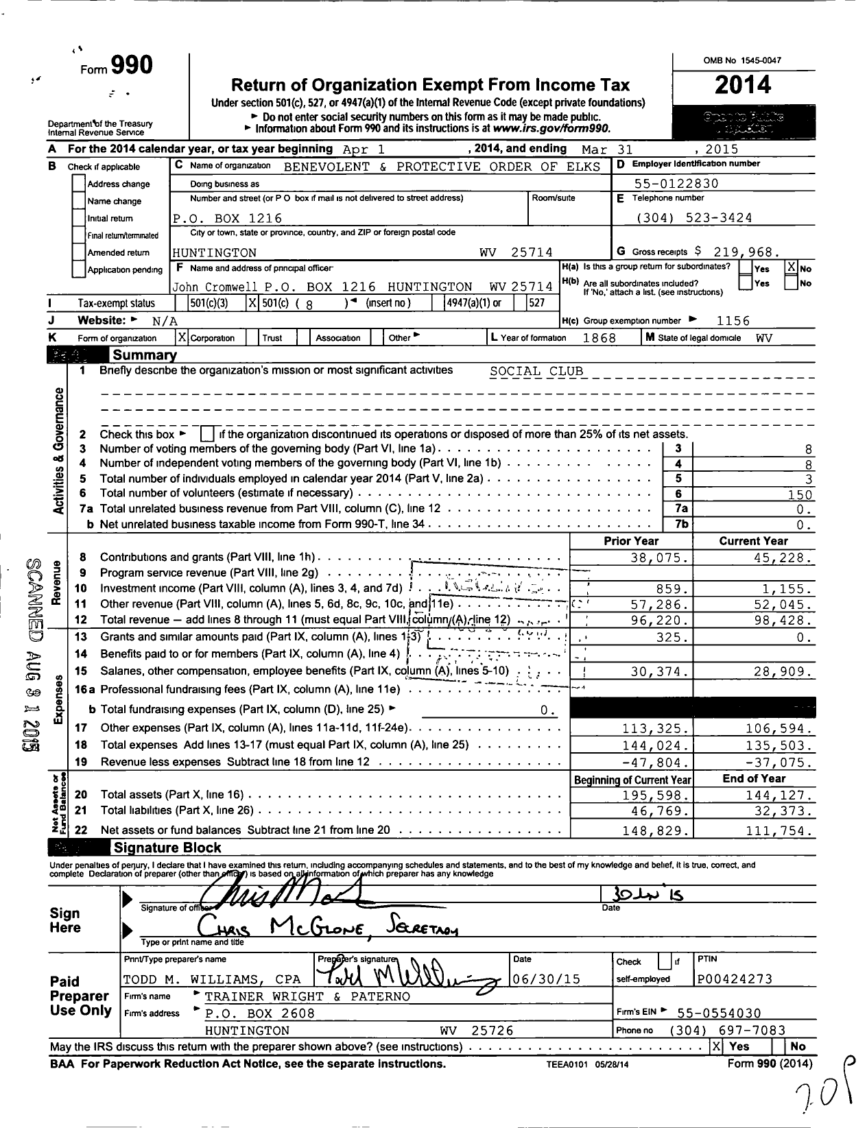 Image of first page of 2014 Form 990O for Benevolent and Protective Order of the Elks of the USA Huntington 313