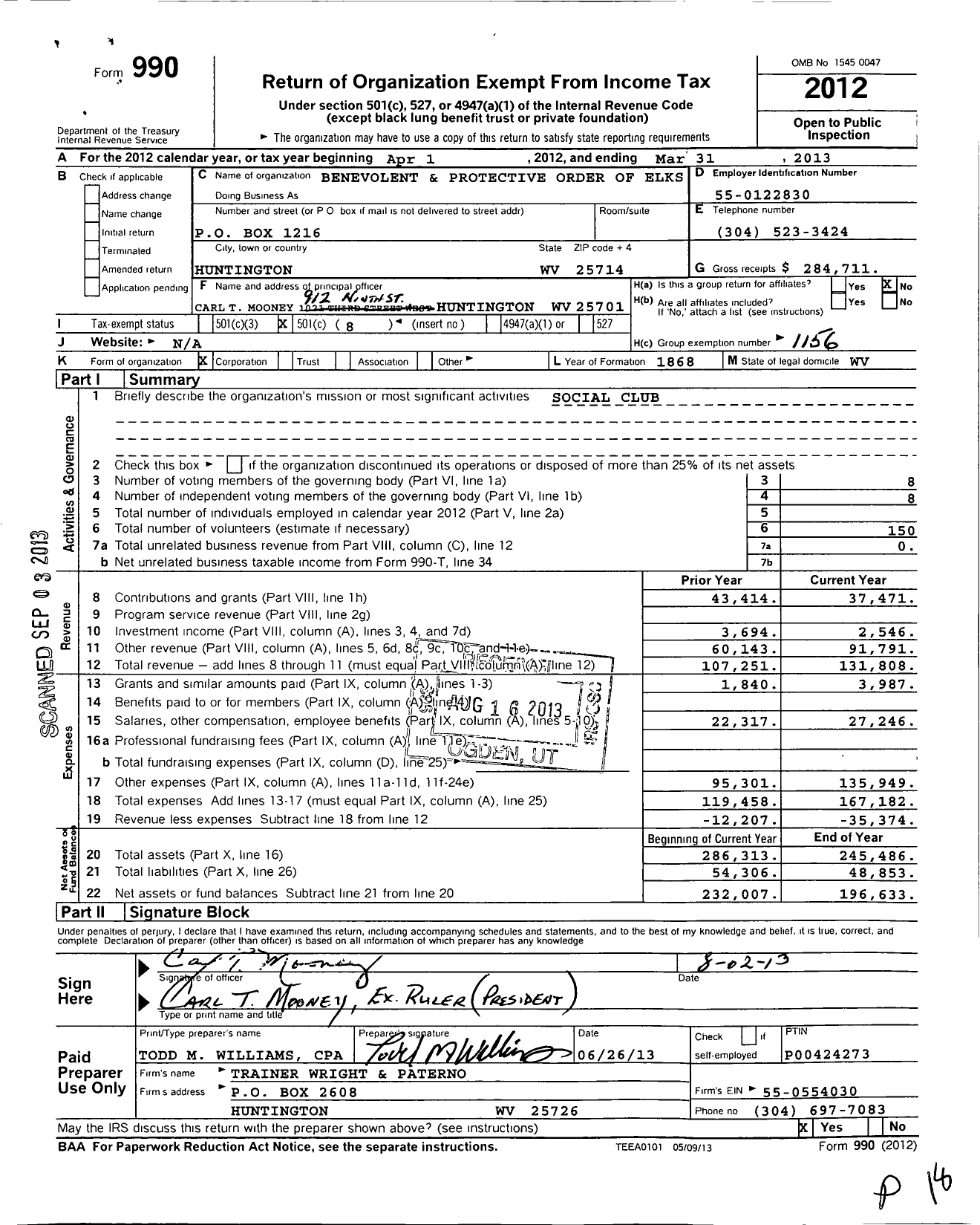 Image of first page of 2012 Form 990O for Benevolent and Protective Order of the Elks of the USA Huntington 313