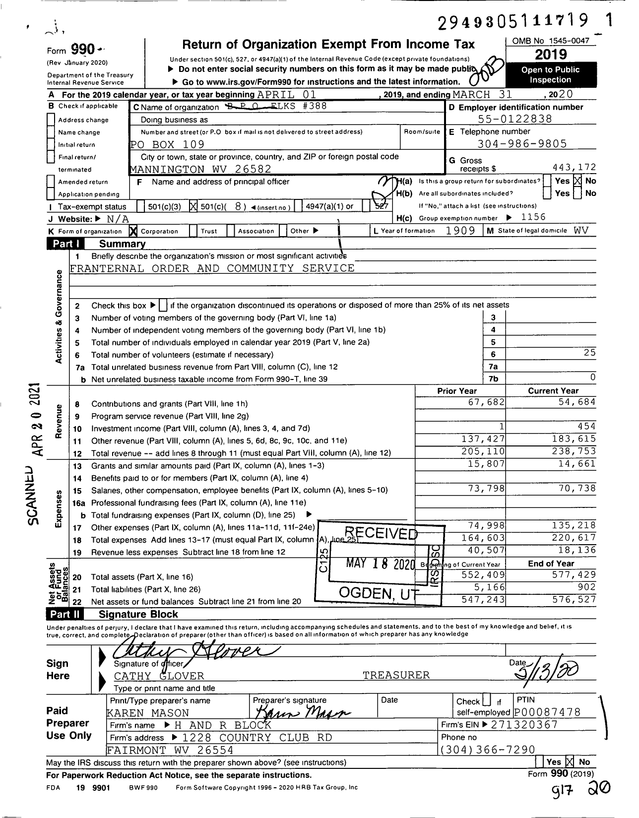 Image of first page of 2019 Form 990 for Benevolent and Protective Order of Elks - 388 Mannington Elks Lodge