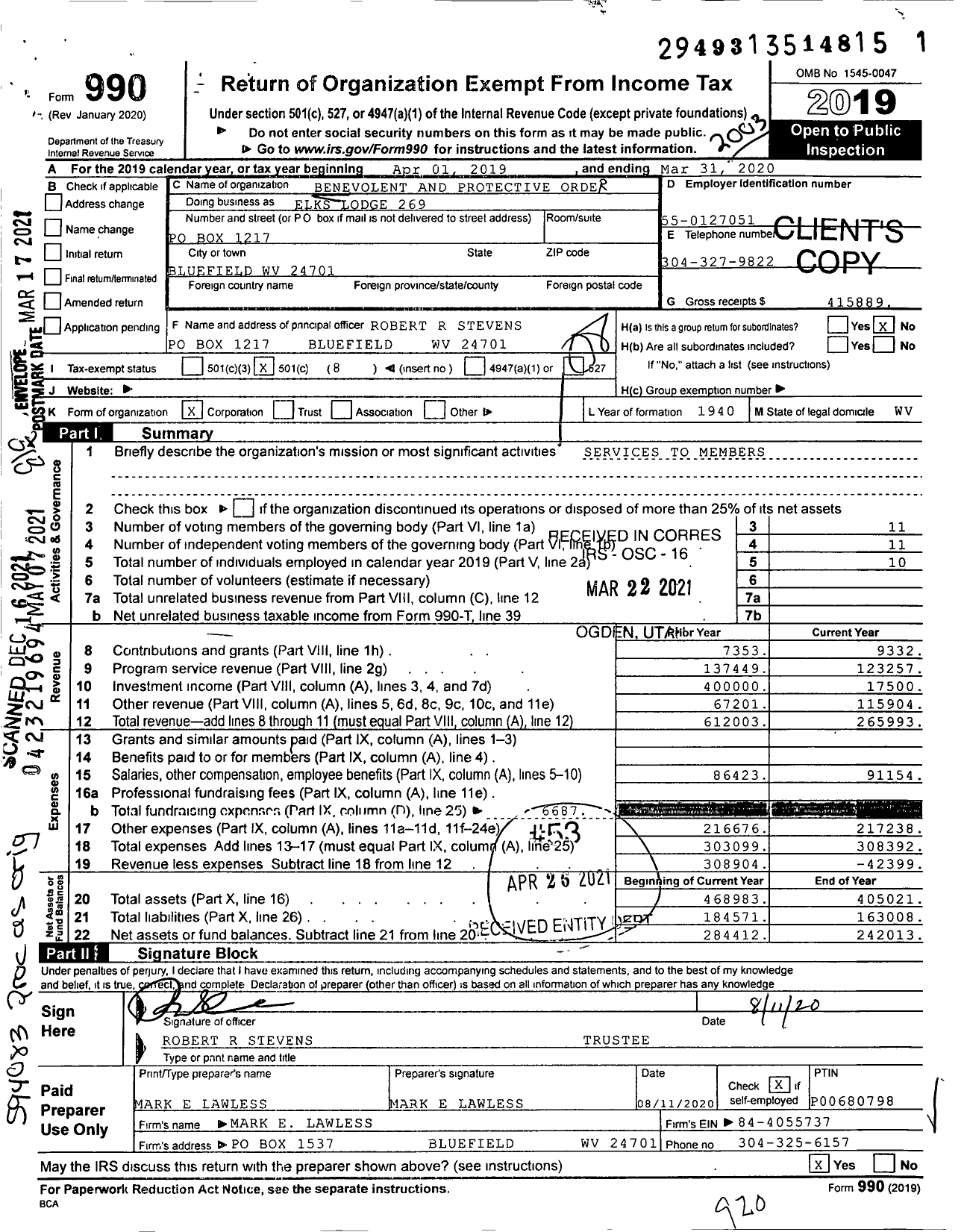 Image of first page of 2019 Form 990O for Benevolent and Protective Order of Elks - Bluefield Elks Lodge 269