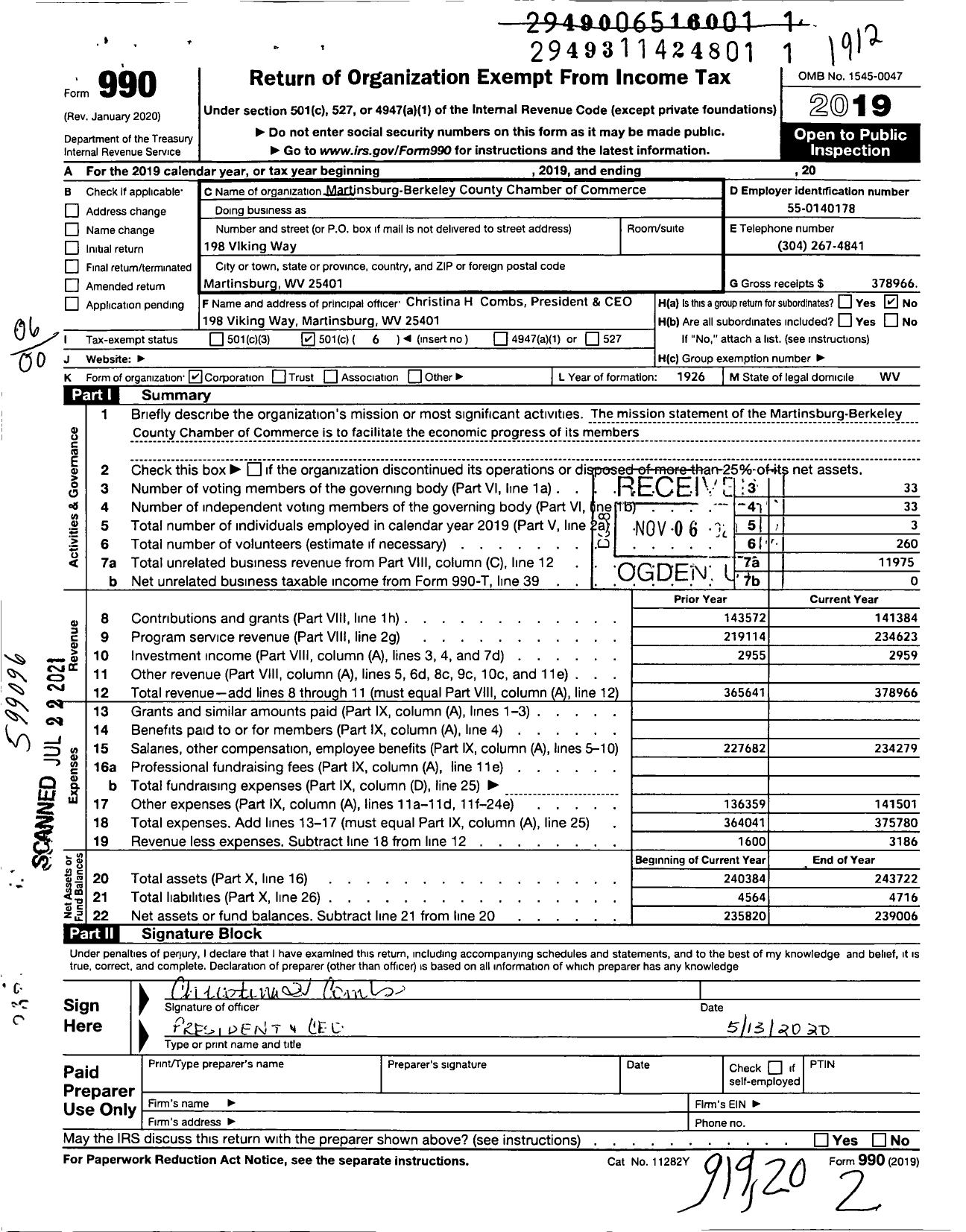 Image of first page of 2019 Form 990O for Martinsburg Berkeley County Chamber of Commerce