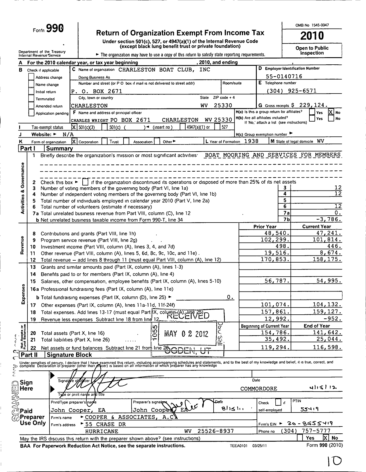 Image of first page of 2011 Form 990 for Charleston Boat Club