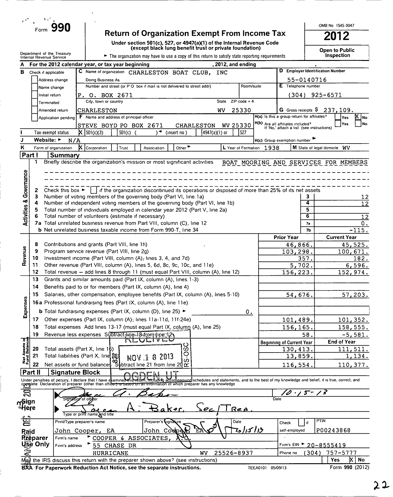 Image of first page of 2012 Form 990 for Charleston Boat Club