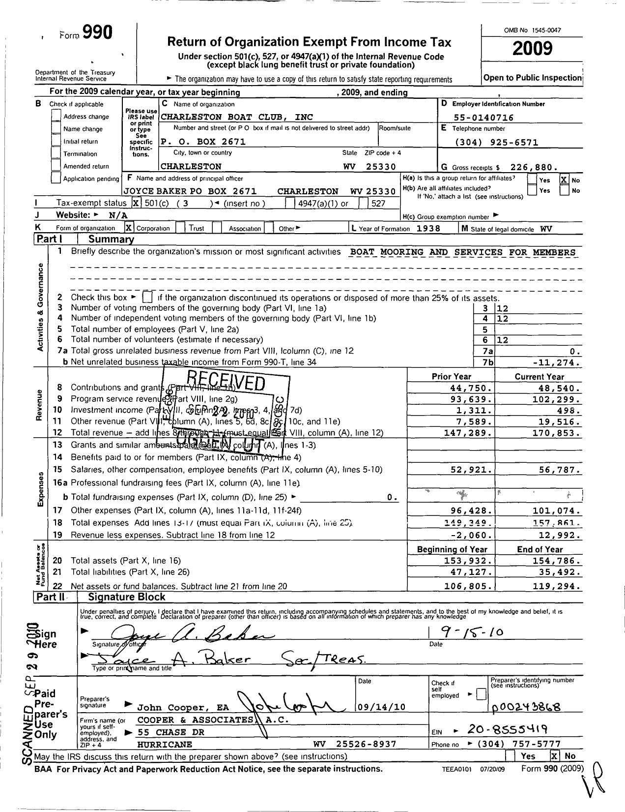 Image of first page of 2009 Form 990 for Charleston Boat Club