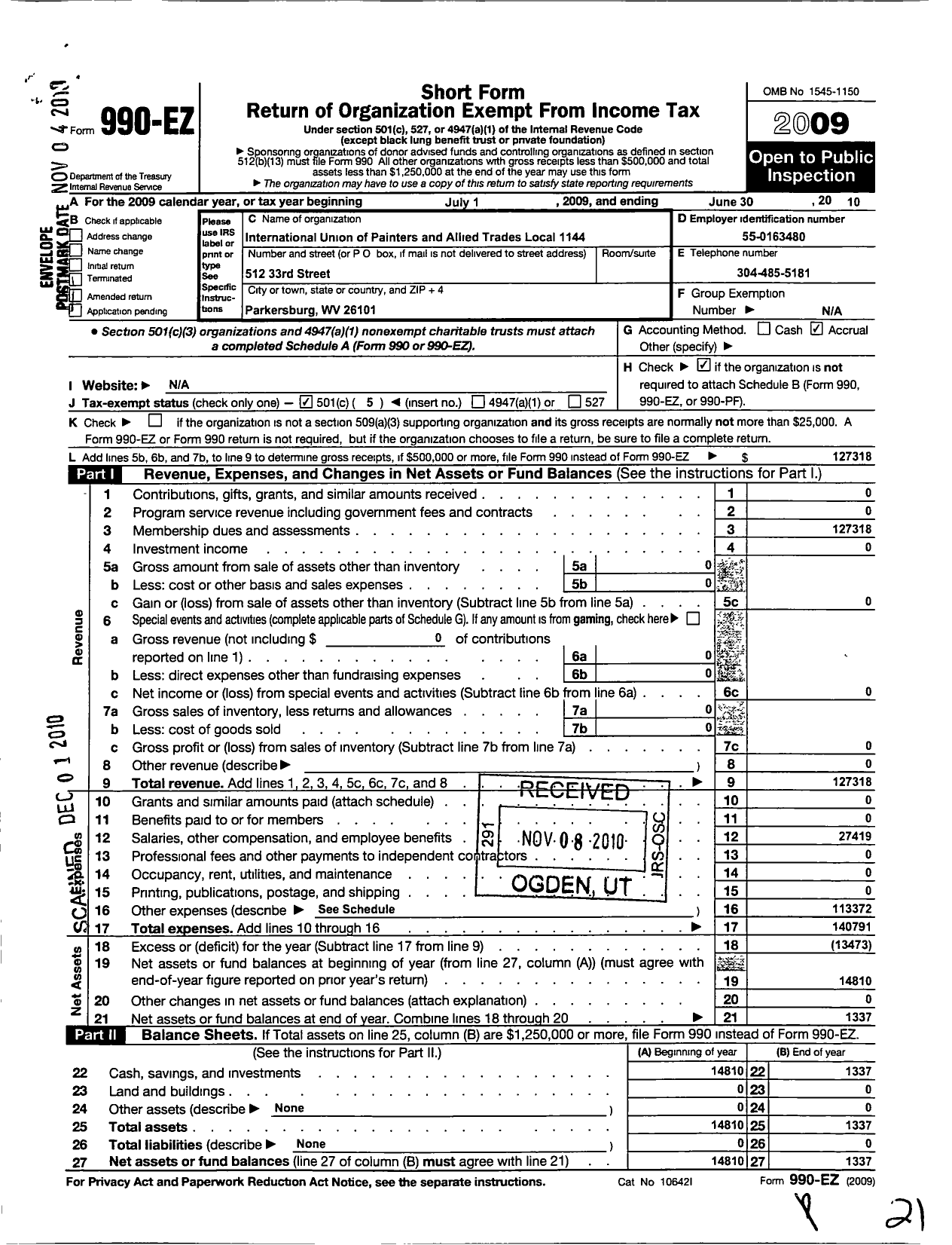 Image of first page of 2009 Form 990EO for International Union of Painters and Allied Trades - 1144 Painters Local Union