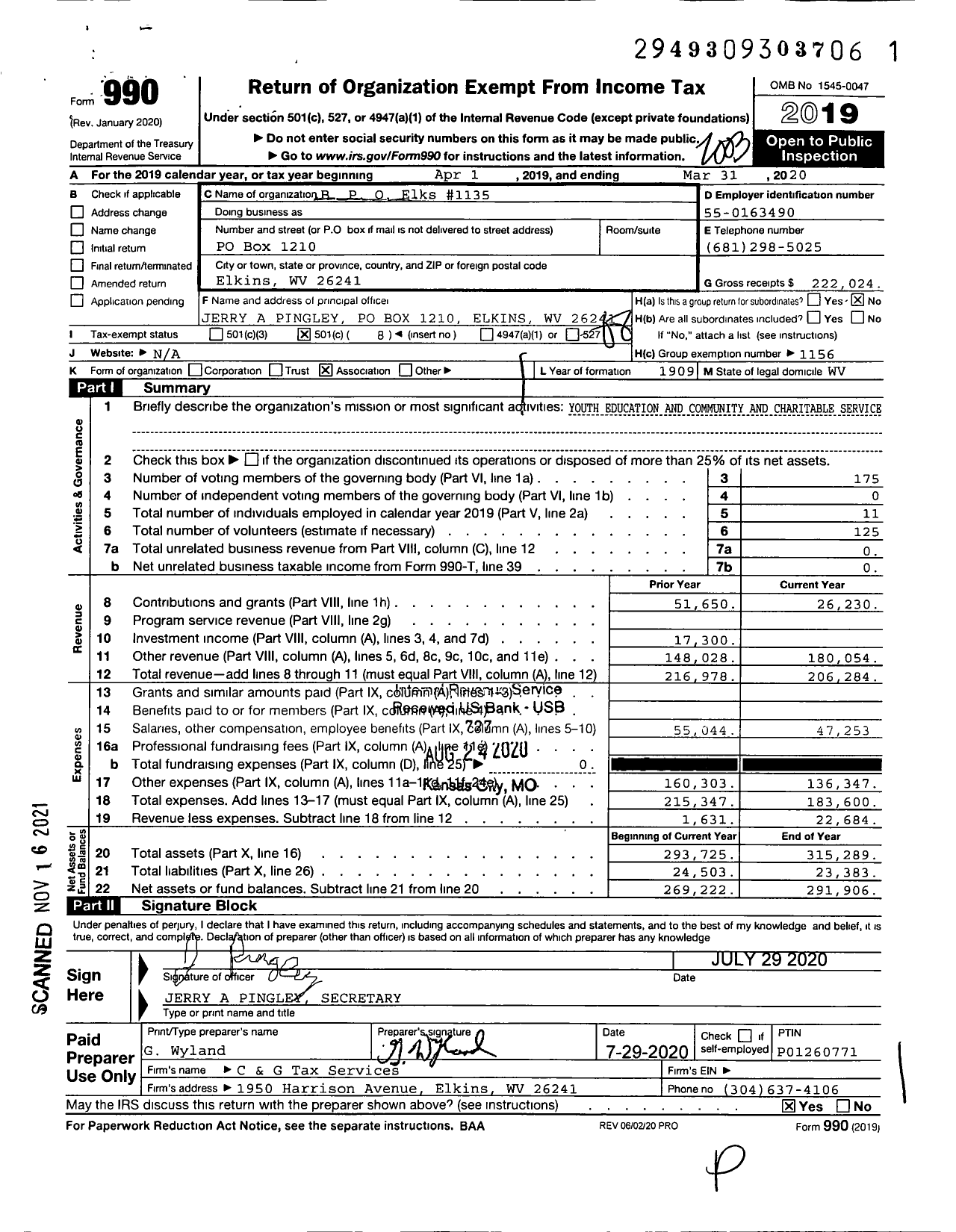 Image of first page of 2019 Form 990O for Benevolent and Protective Order of Elks - 1135 Elkins