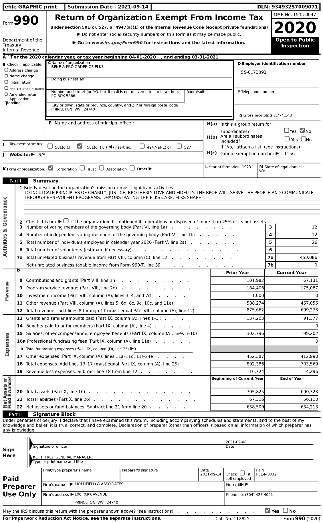 Image of first page of 2020 Form 990 for Benevolent and Protective Order of Elks - 1459 Princeton