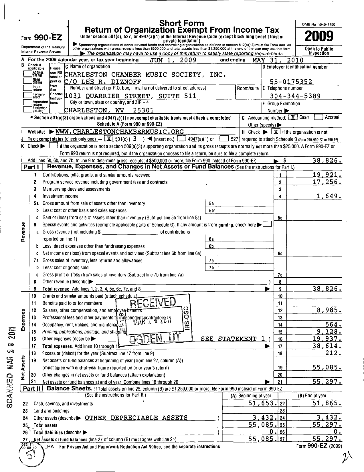 Image of first page of 2009 Form 990EZ for Charleston Chamber Music Society