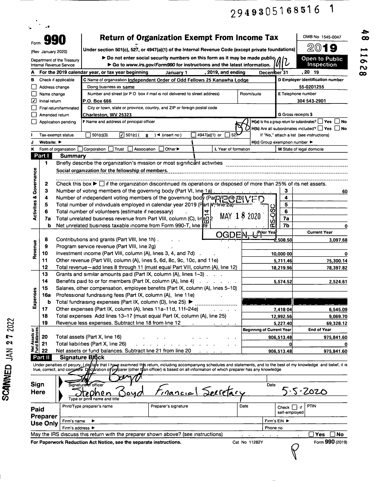 Image of first page of 2019 Form 990O for Independent Order of Odd Fellows - 25 Kanawha Lodge