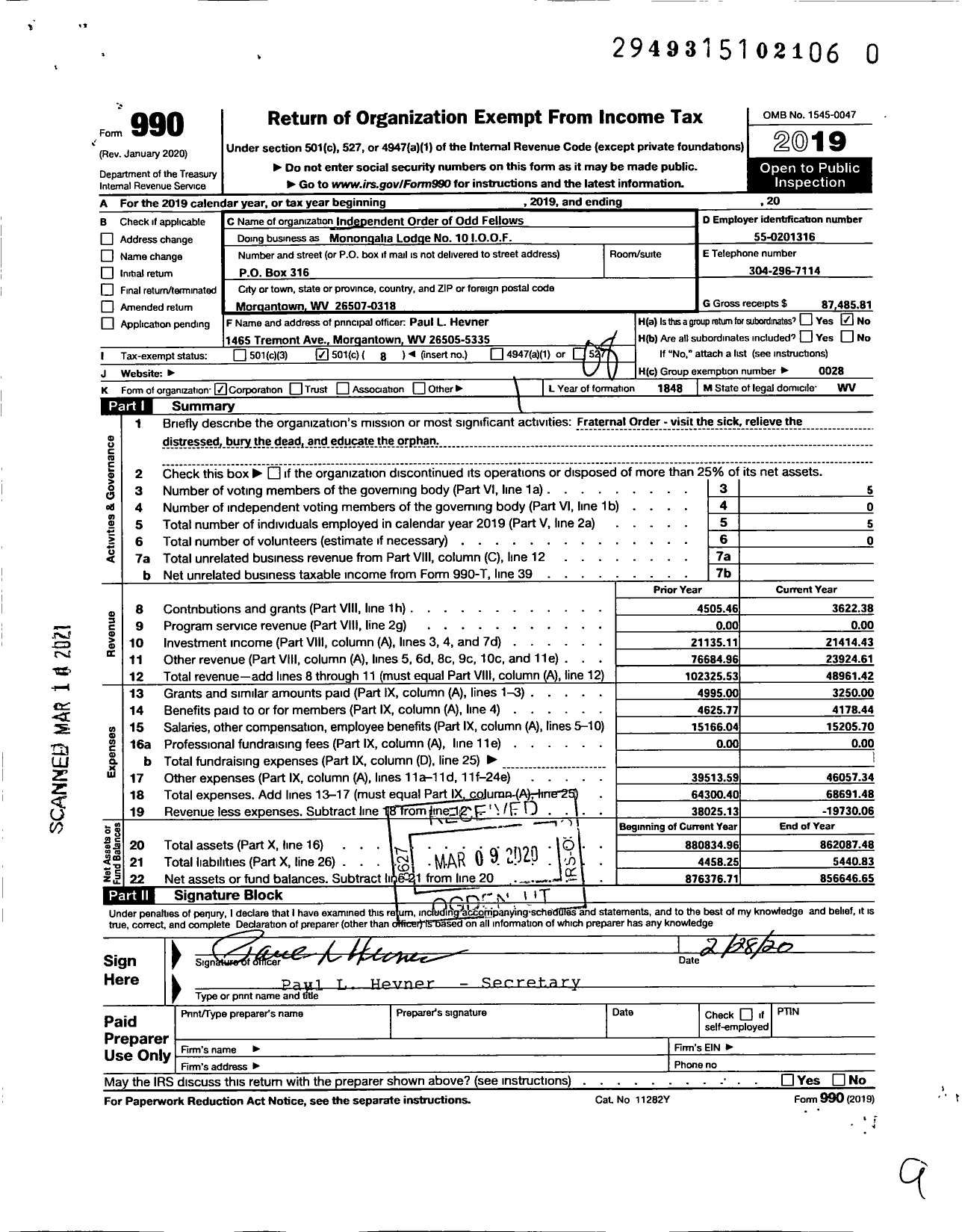 Image of first page of 2019 Form 990O for INDEPENDENT ORDER OF ODD FELLOWS - Monongalia Lodge No 10 I O O F