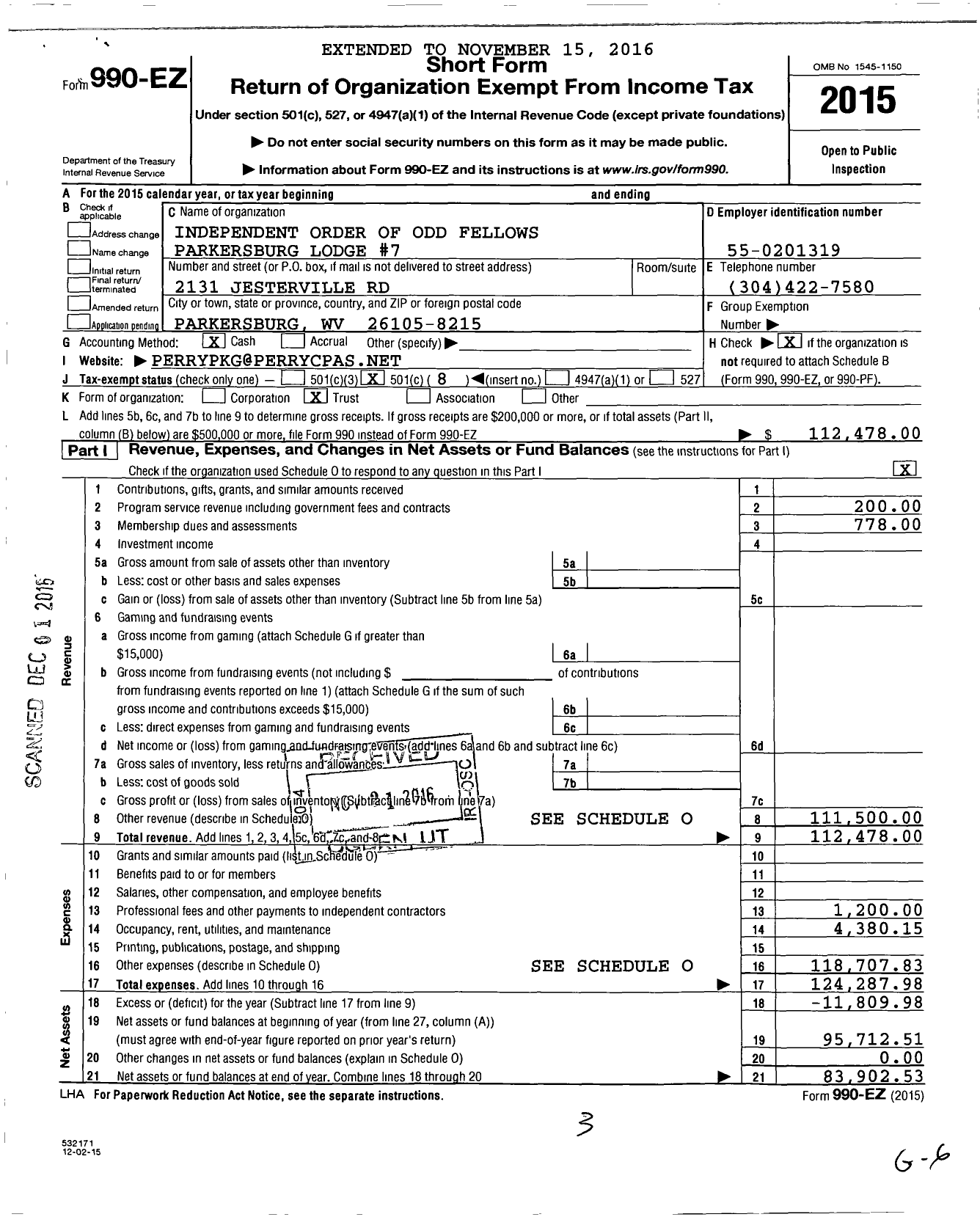 Image of first page of 2015 Form 990EO for Independent Order of Odd Fellows - 7 Parkersburg LDG