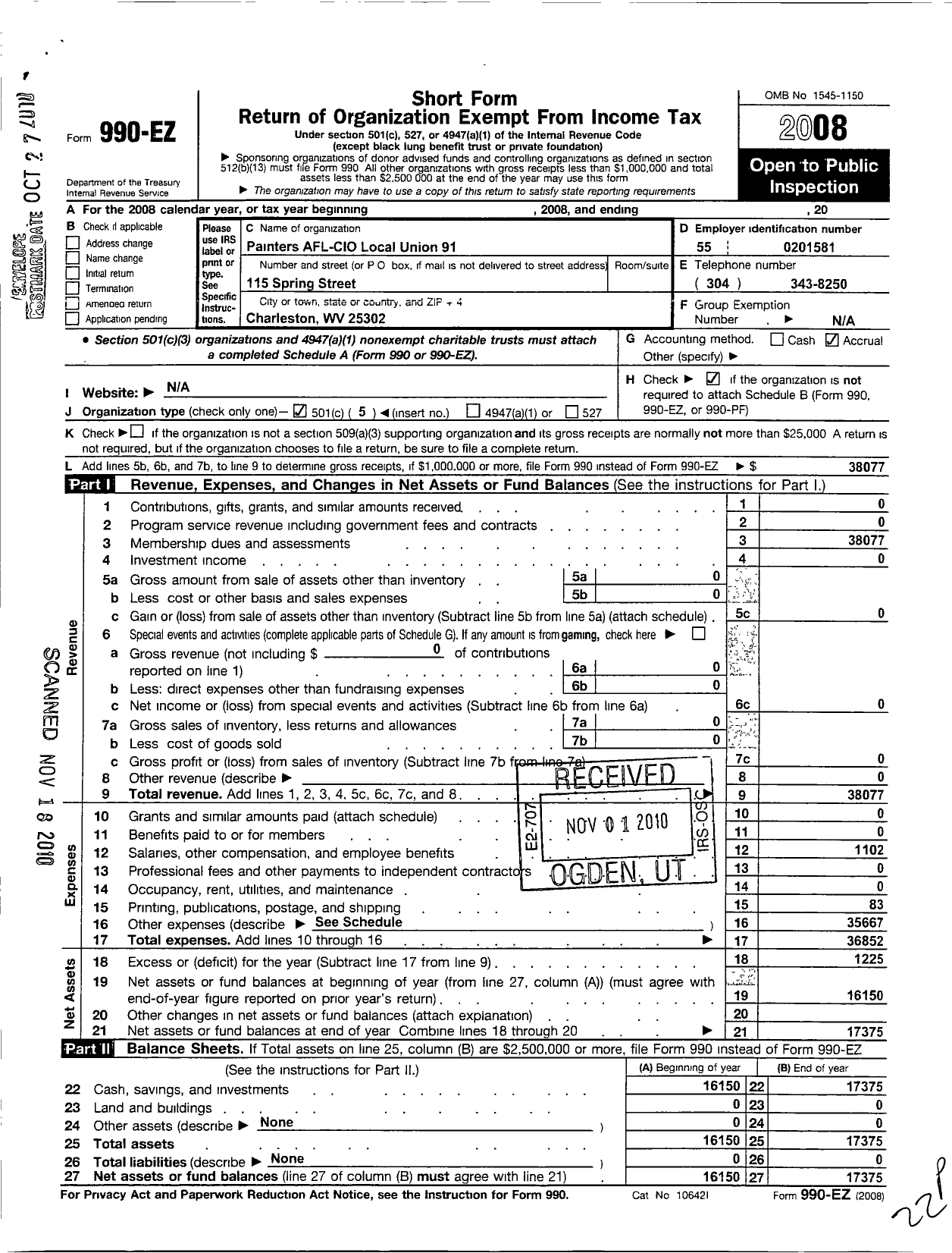 Image of first page of 2008 Form 990EO for International Union of Painters and Allied Trades - 91 Painters Local Union