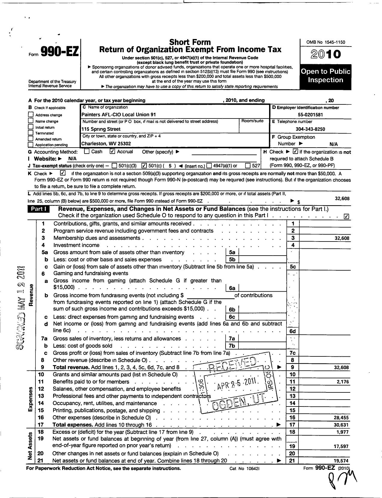 Image of first page of 2010 Form 990EO for International Union of Painters and Allied Trades - 91 Painters Local Union