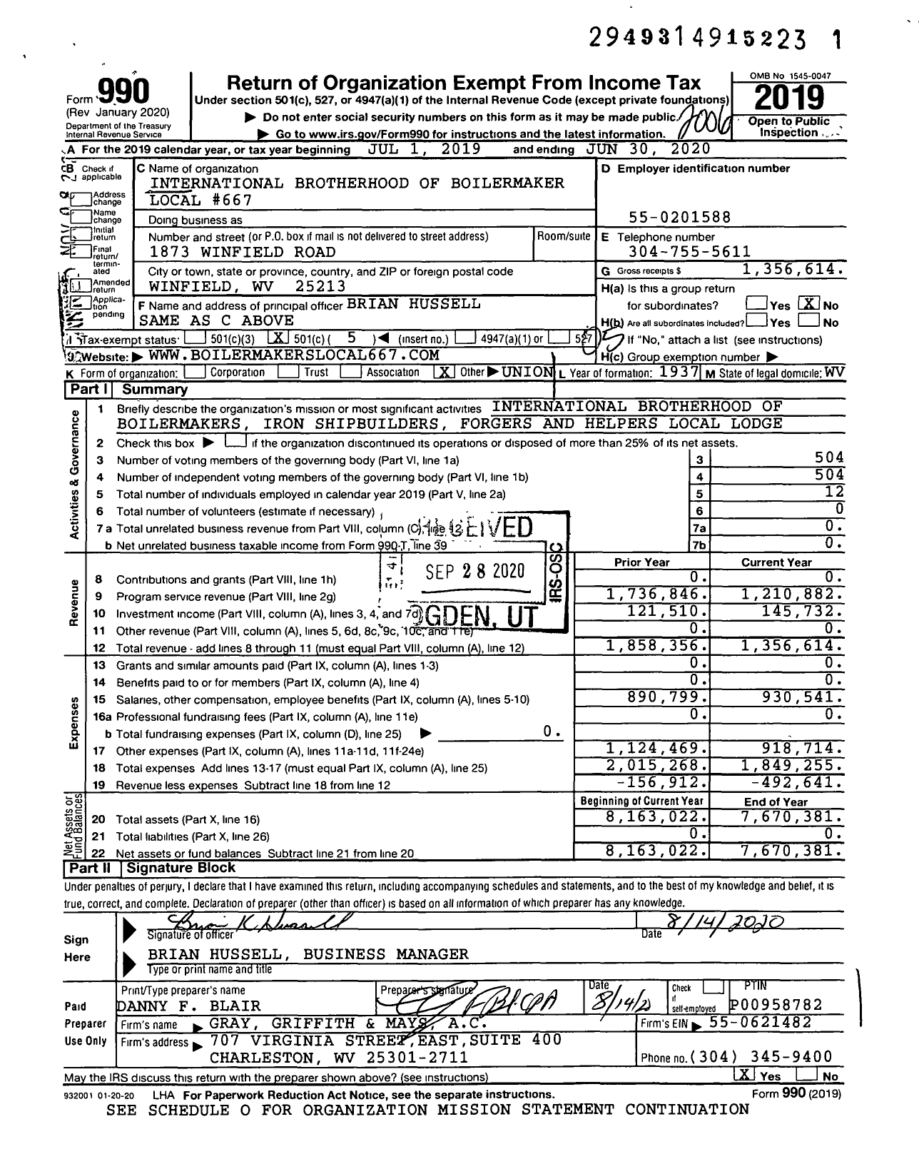 Image of first page of 2019 Form 990O for International Brotherhood of Boilermakers - 667 Lodge