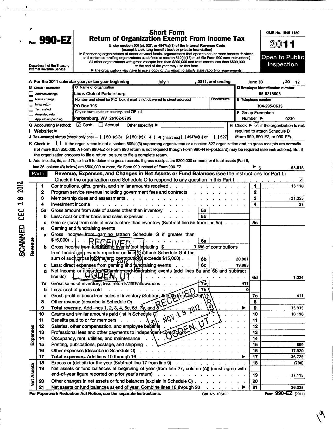 Image of first page of 2011 Form 990EO for Lions Clubs - 10914 Parkersburg