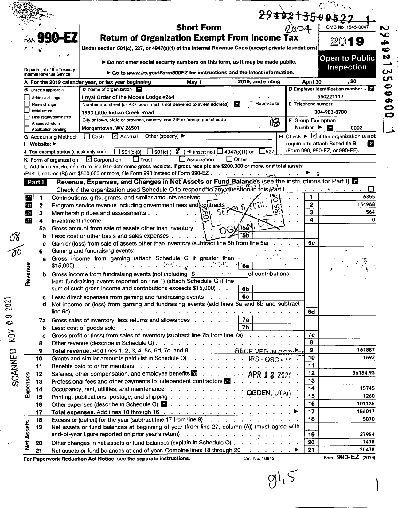 Image of first page of 2019 Form 990EO for Loyal Order of Moose - Morgantown Lodge 264