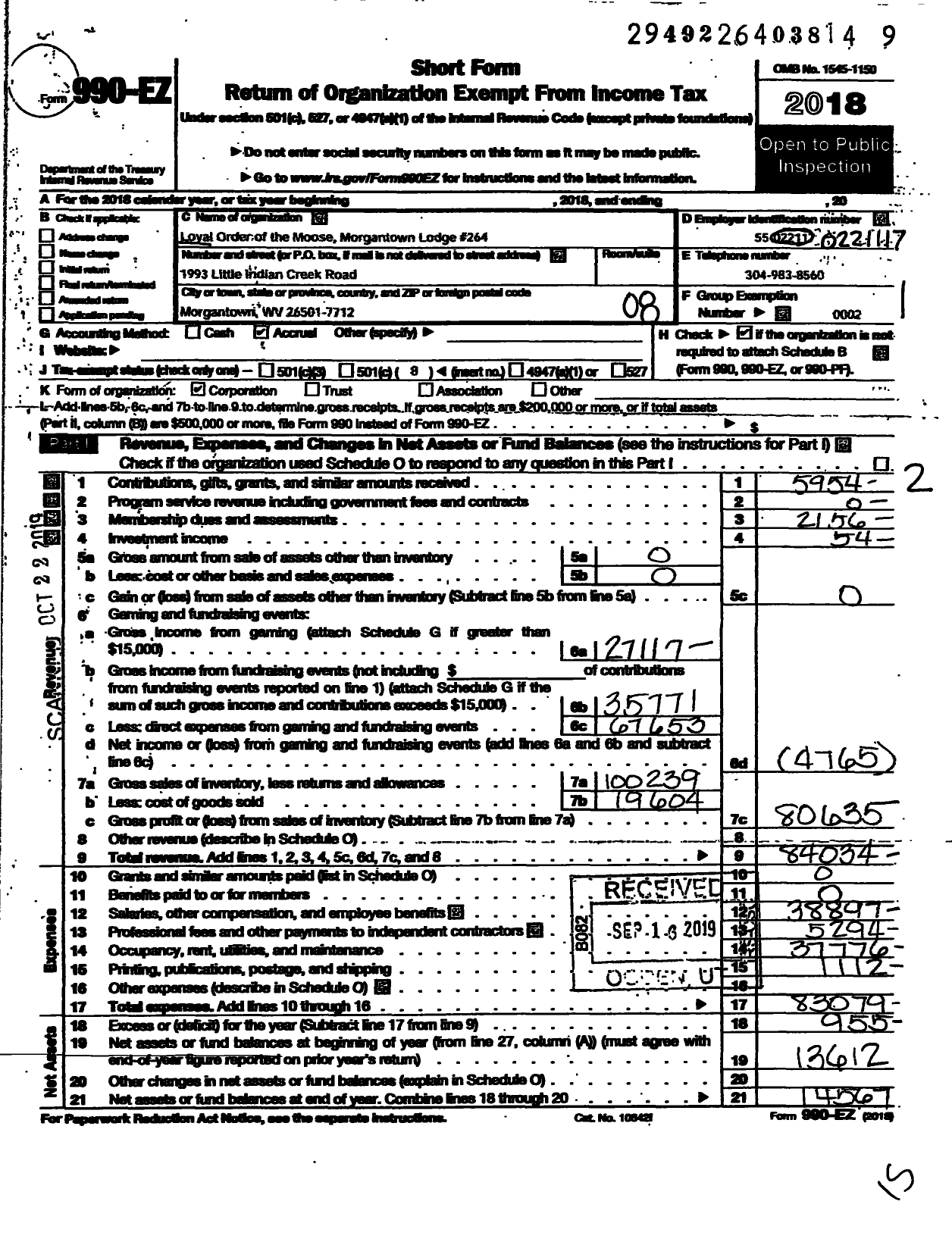 Image of first page of 2018 Form 990EO for Loyal Order of Moose - Morgantown Lodge 264