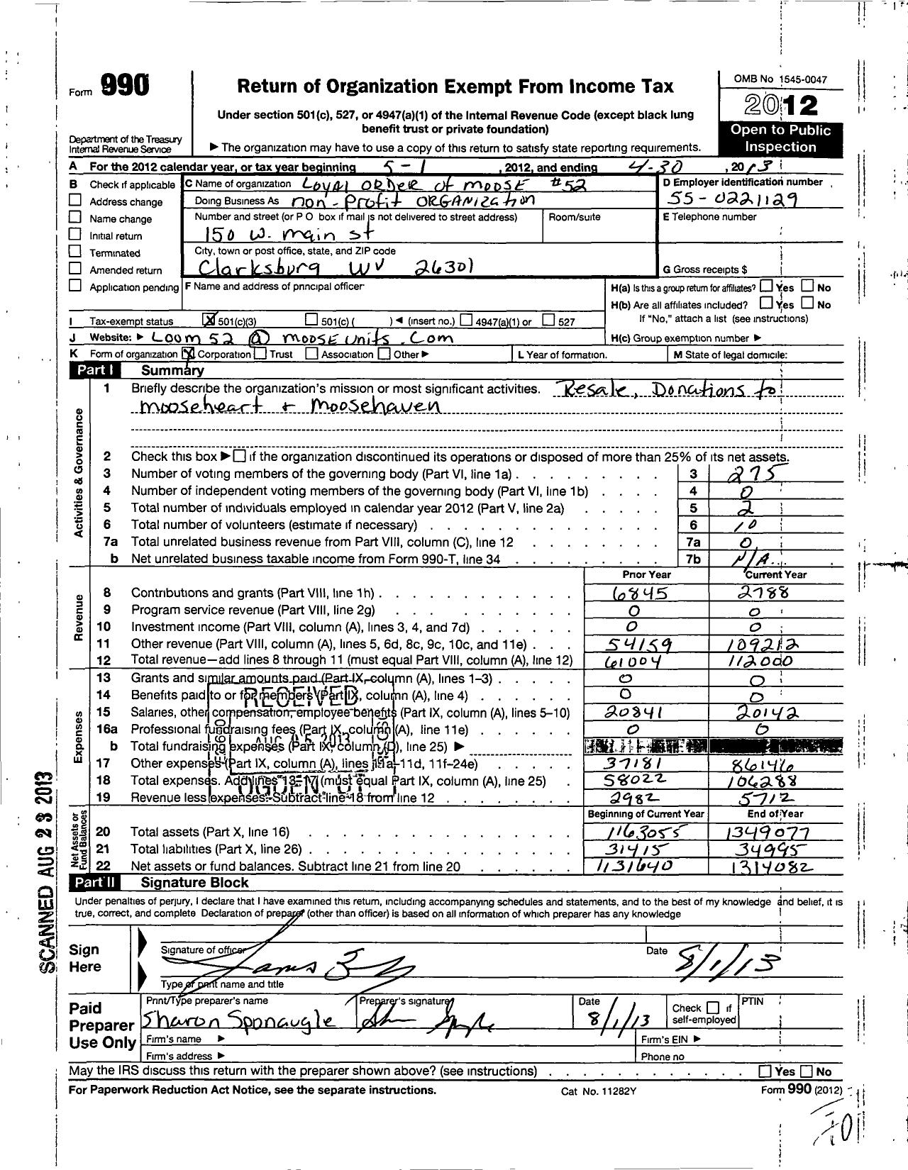 Image of first page of 2012 Form 990 for Loyal Order of Moose - Clarksburg Lodge 52