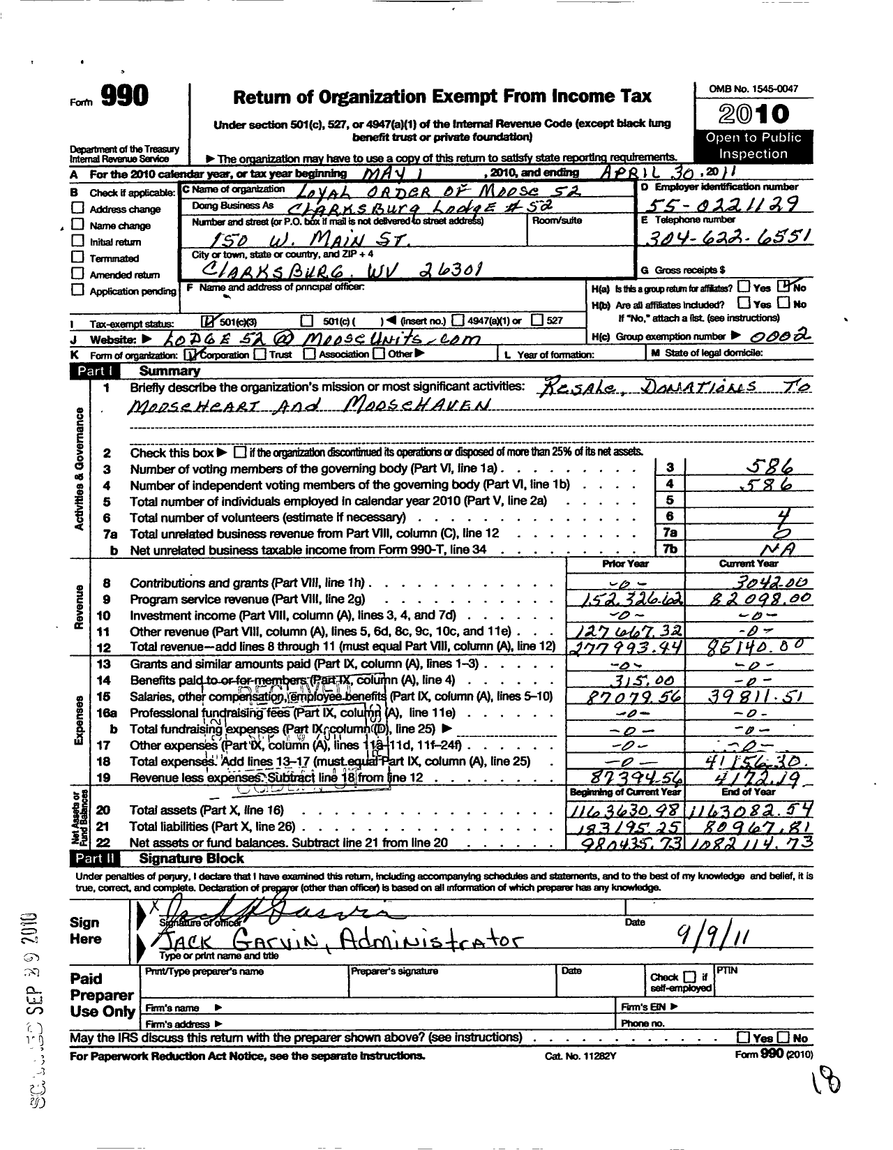 Image of first page of 2010 Form 990 for Loyal Order of Moose - Clarksburg Lodge 52