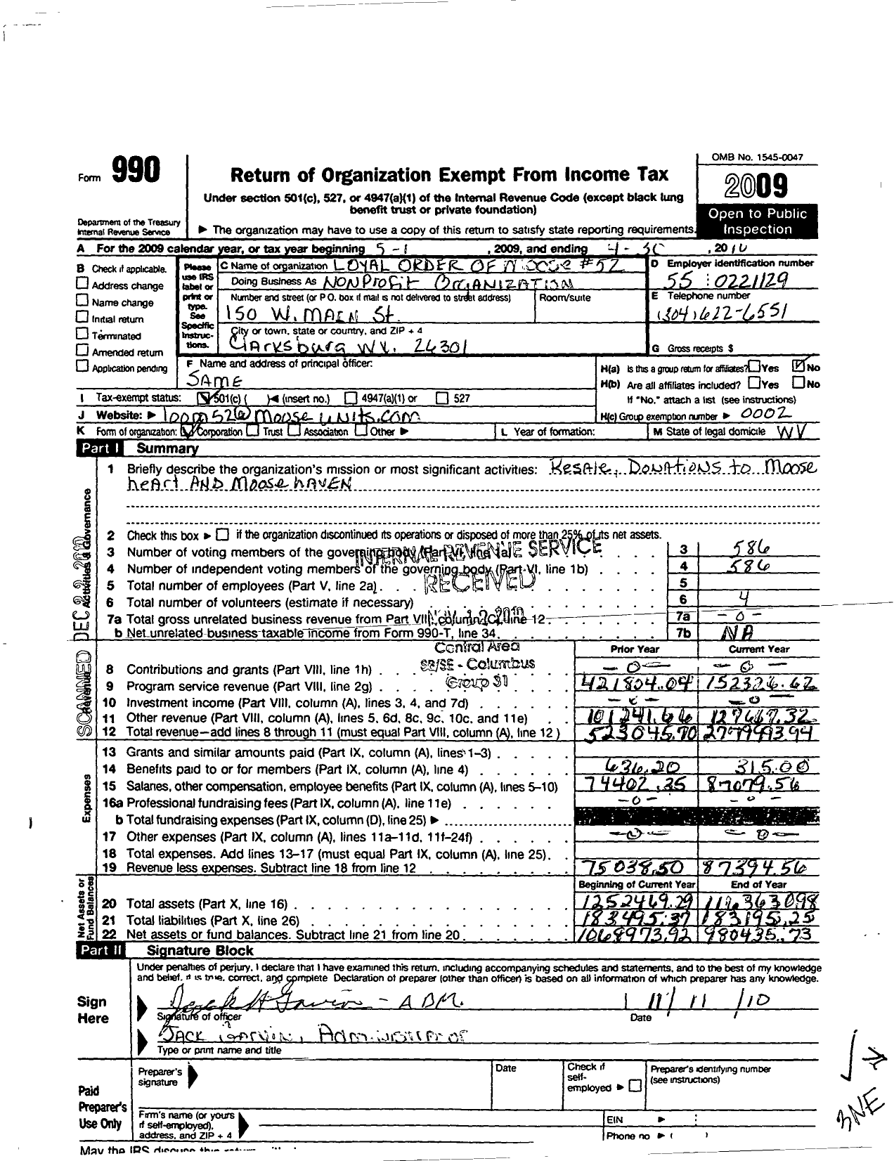 Image of first page of 2009 Form 990O for Loyal Order of Moose - Clarksburg Lodge 52