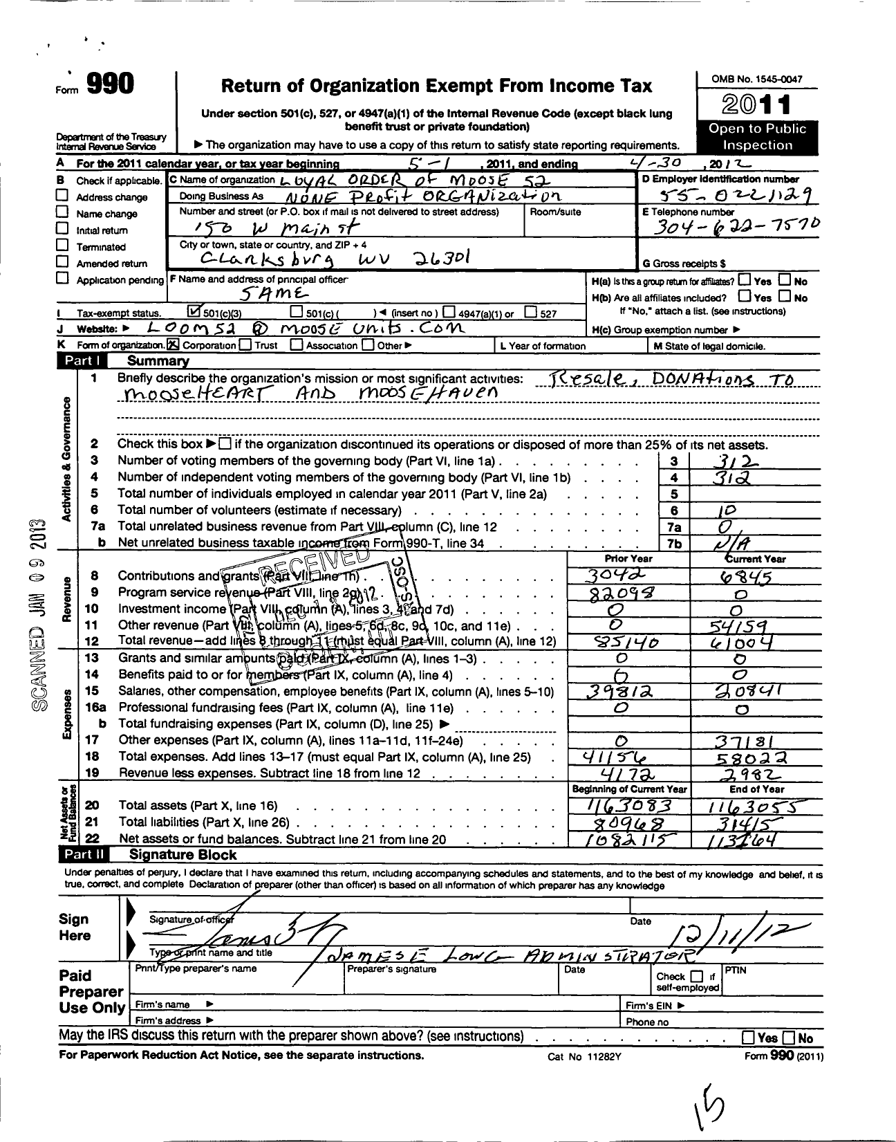 Image of first page of 2011 Form 990 for Loyal Order of Moose - Clarksburg Lodge 52