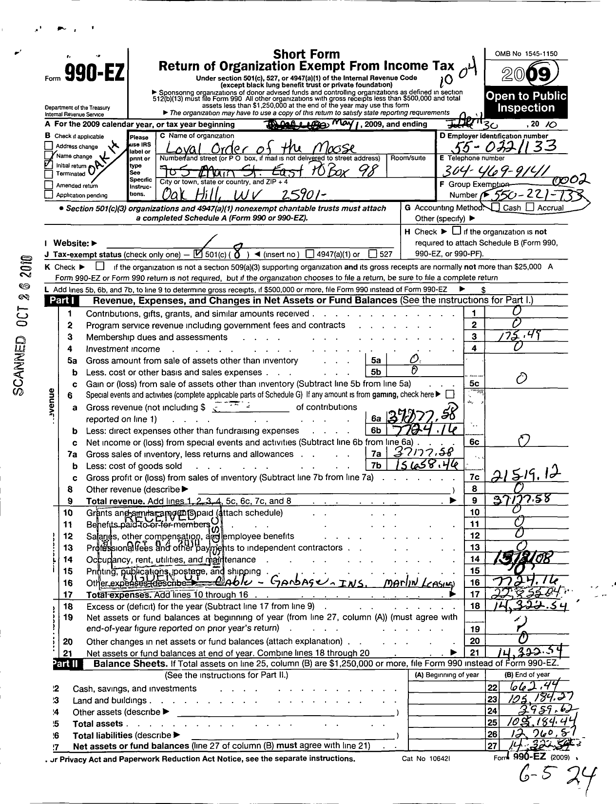 Image of first page of 2009 Form 990EZ for Oak Hill Lodge 1664 Loyal Order of Moose