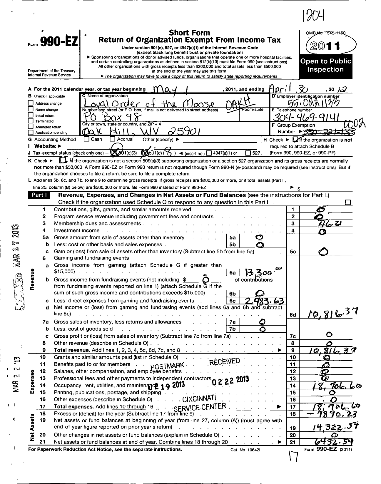 Image of first page of 2011 Form 990EO for Oak Hill Lodge 1664 Loyal Order of Moose