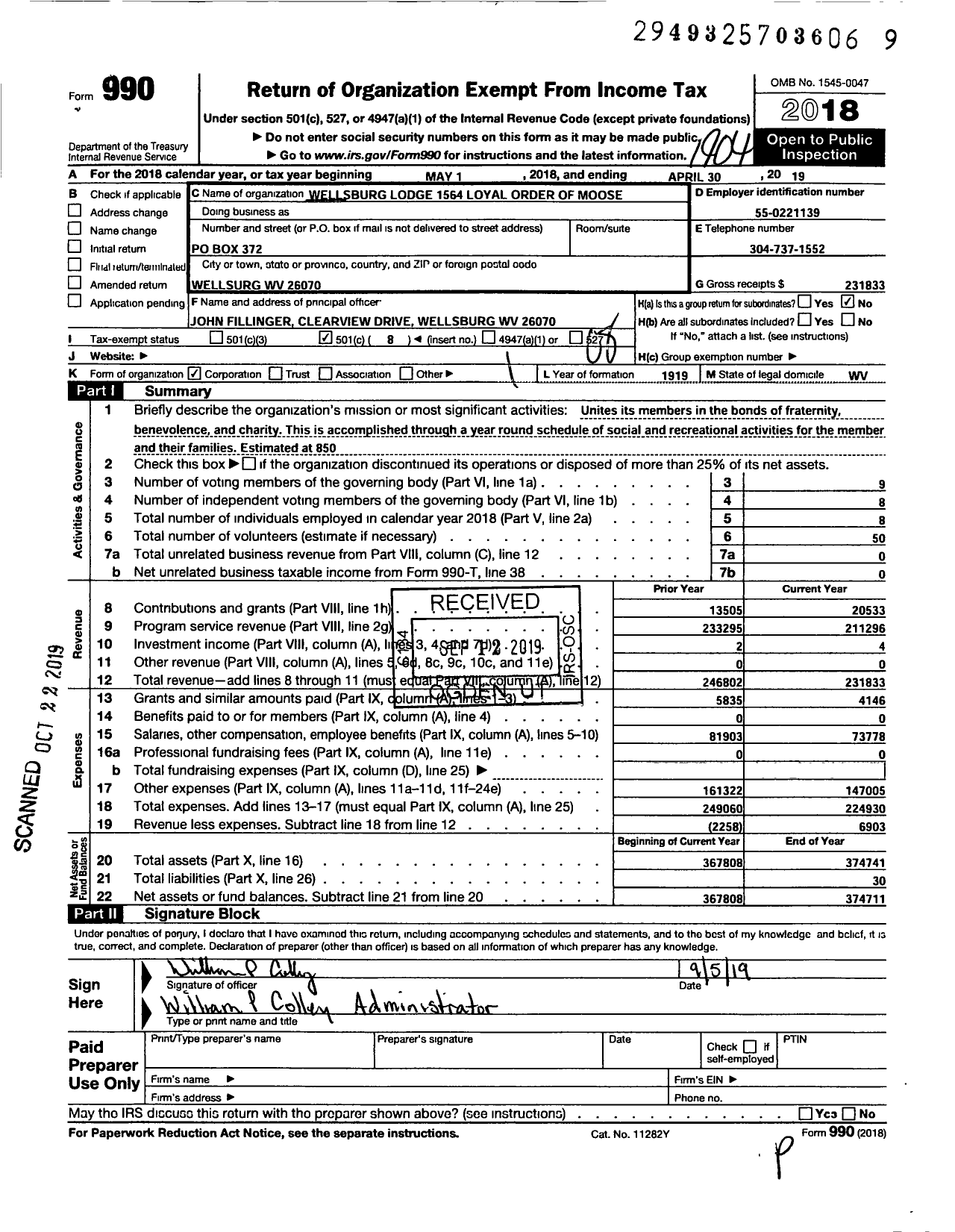 Image of first page of 2018 Form 990O for Loyal Order of Moose - 1564