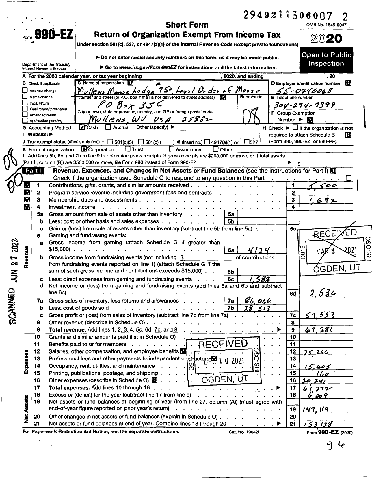 Image of first page of 2020 Form 990EO for Loyal Order of Moose - 750