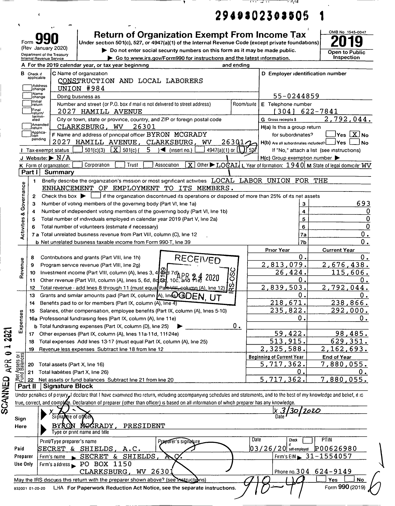 Image of first page of 2019 Form 990 for Laborers' International Union of North America - 0984 Local Union